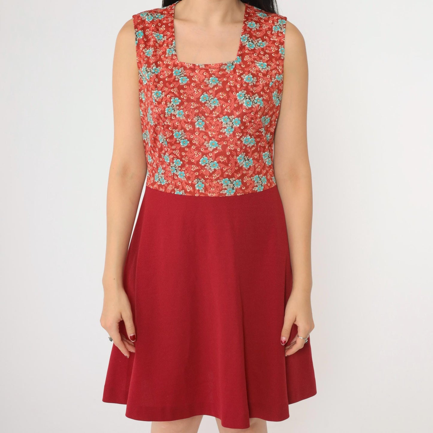 1960s Red Floral Mini Dress Sleeveless High Waist Fit Flare Small