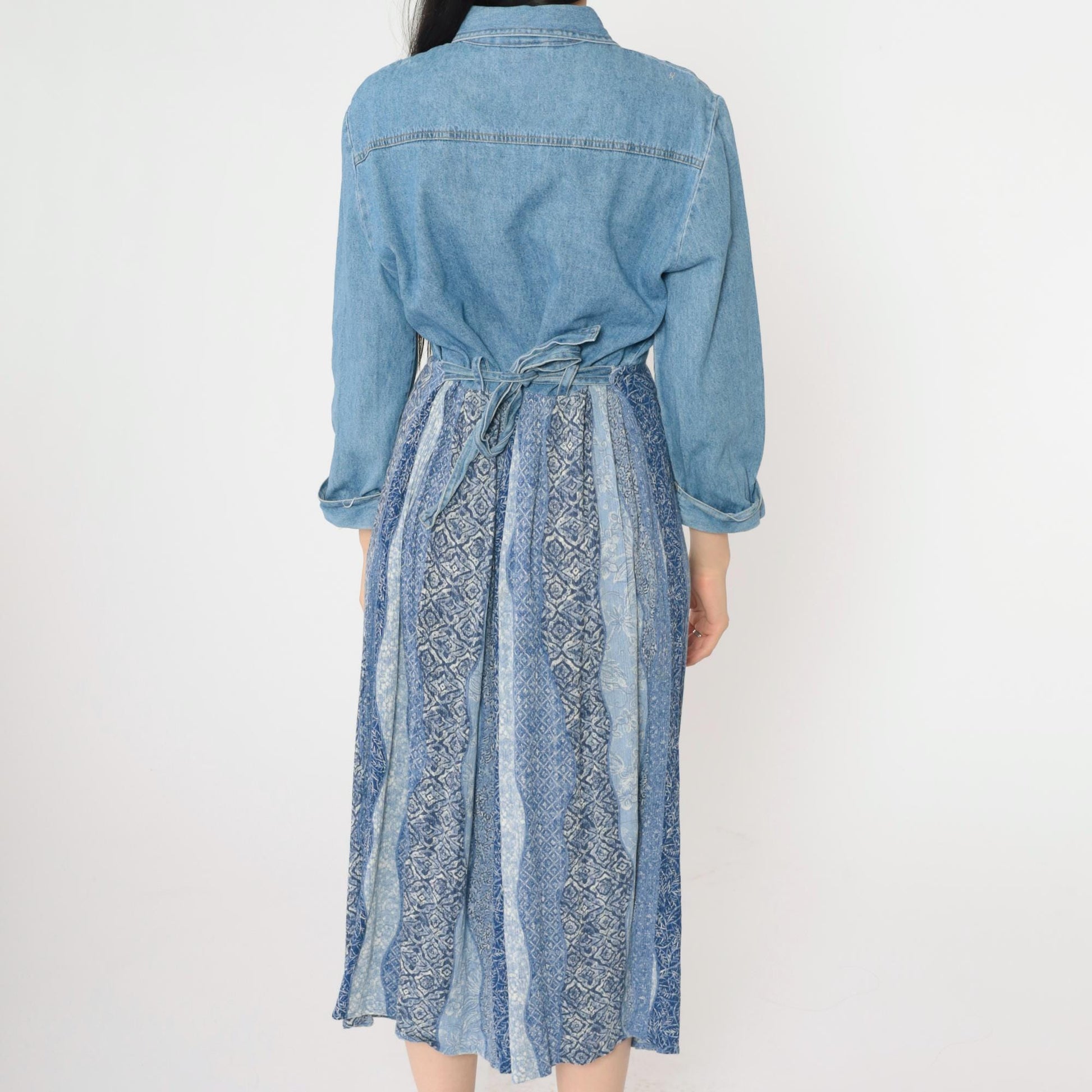 90s Nina Piccalino Denim Dress Floral Embroidered Patchwork Midi Medium