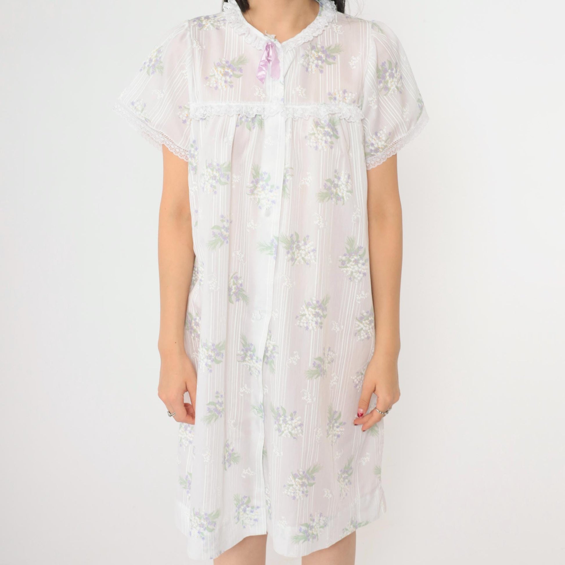 80s Floral Semi-Sheer Nightgown White Lace Puff Sleeve Button-Up Knee-Length Medium