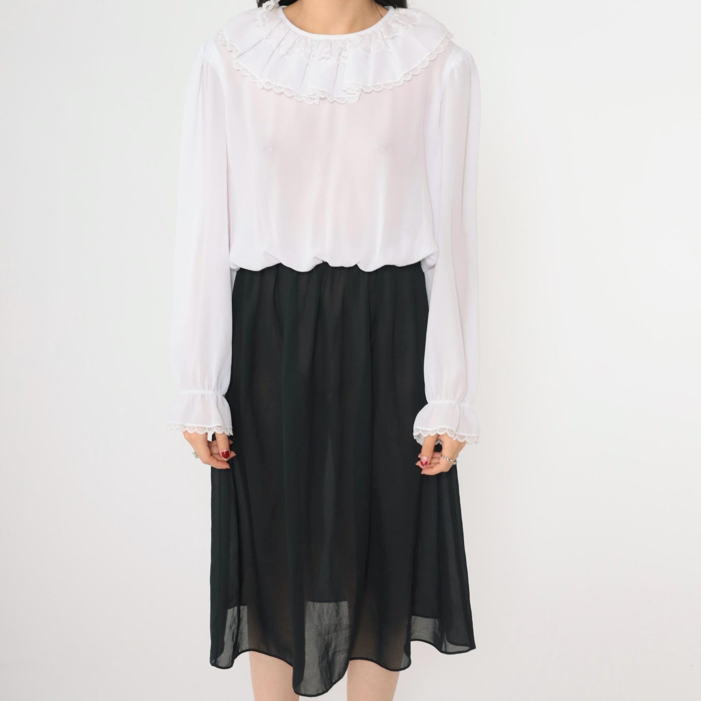 80s Susan Hlavacek Ruffled Collar Midi Dress Black White Semi-Sheer Small Medium