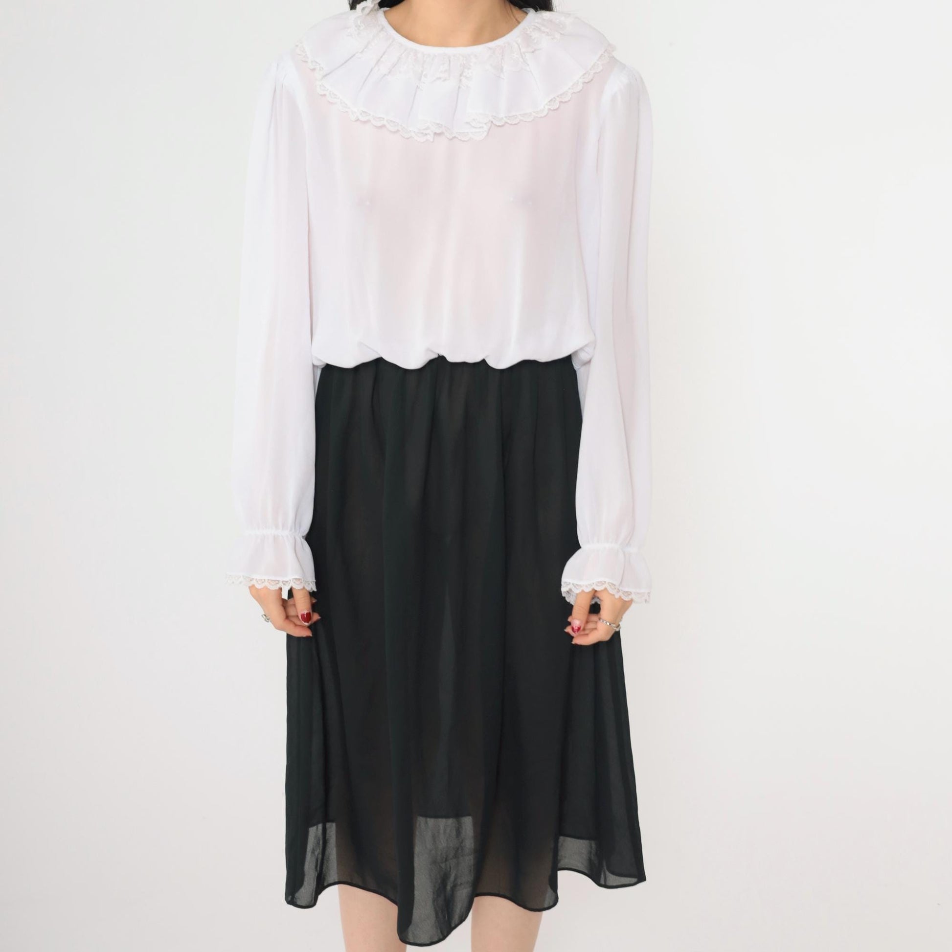 80s Susan Hlavacek Ruffled Collar Midi Dress Black White Semi-Sheer Small Medium