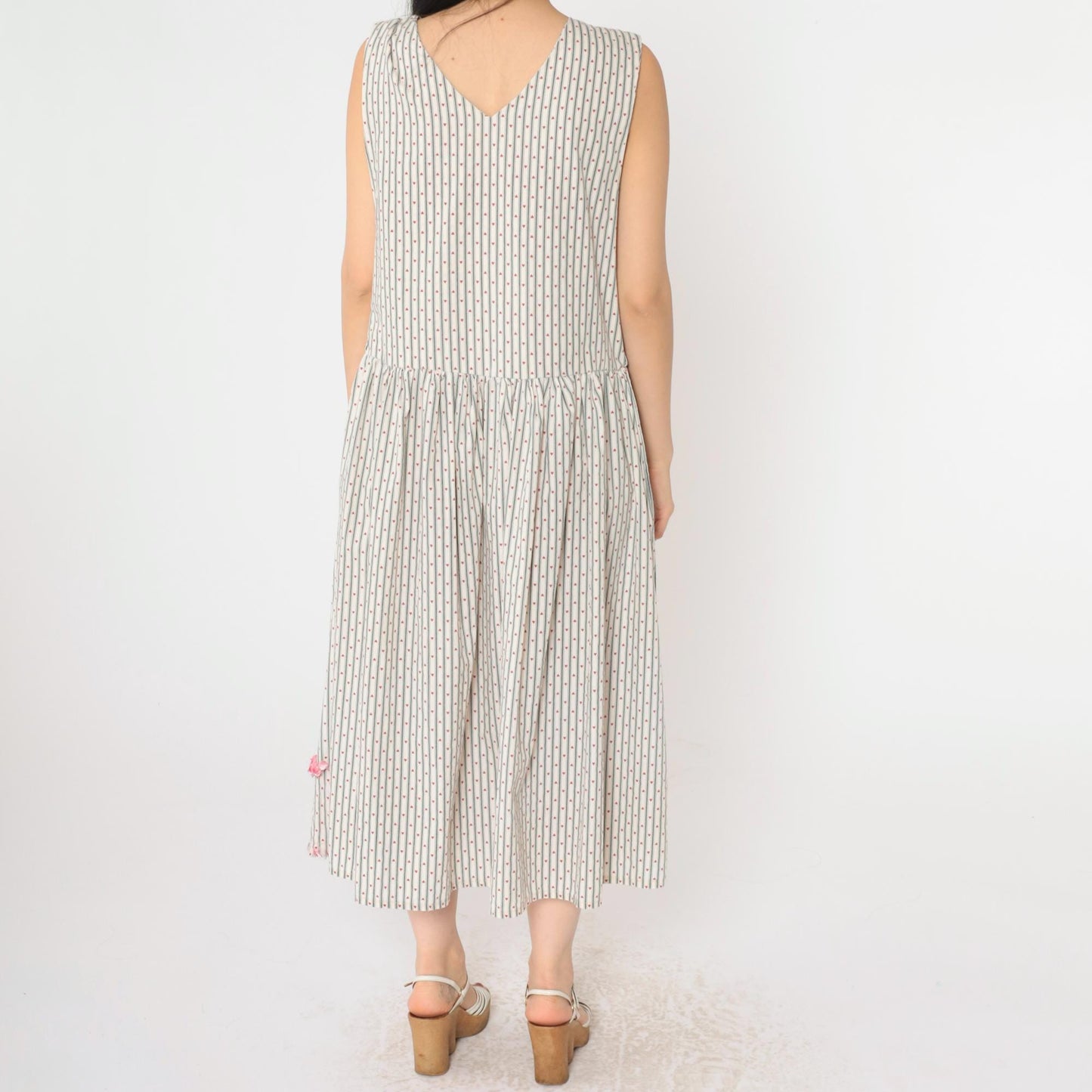 80s Heart Striped Midi Jumper Dress Low Armhole V Neck Small Medium