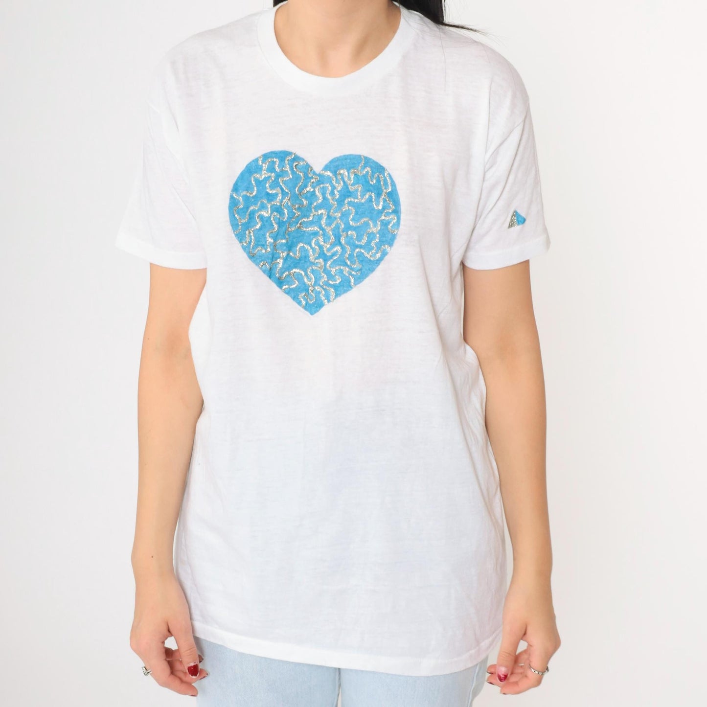 80s White Heart Glitter Hand Painted T-Shirt Single Stitch Crewneck Medium M