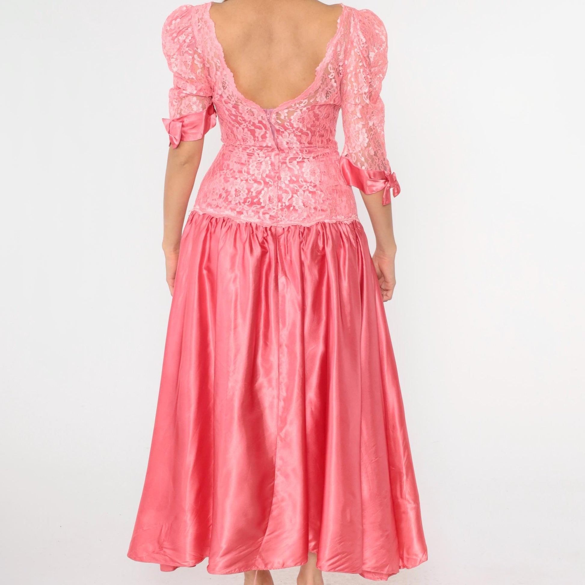 80s Pink Satin Lace Puff Sleeve Maxi Dress Drop Waist Low Back Small