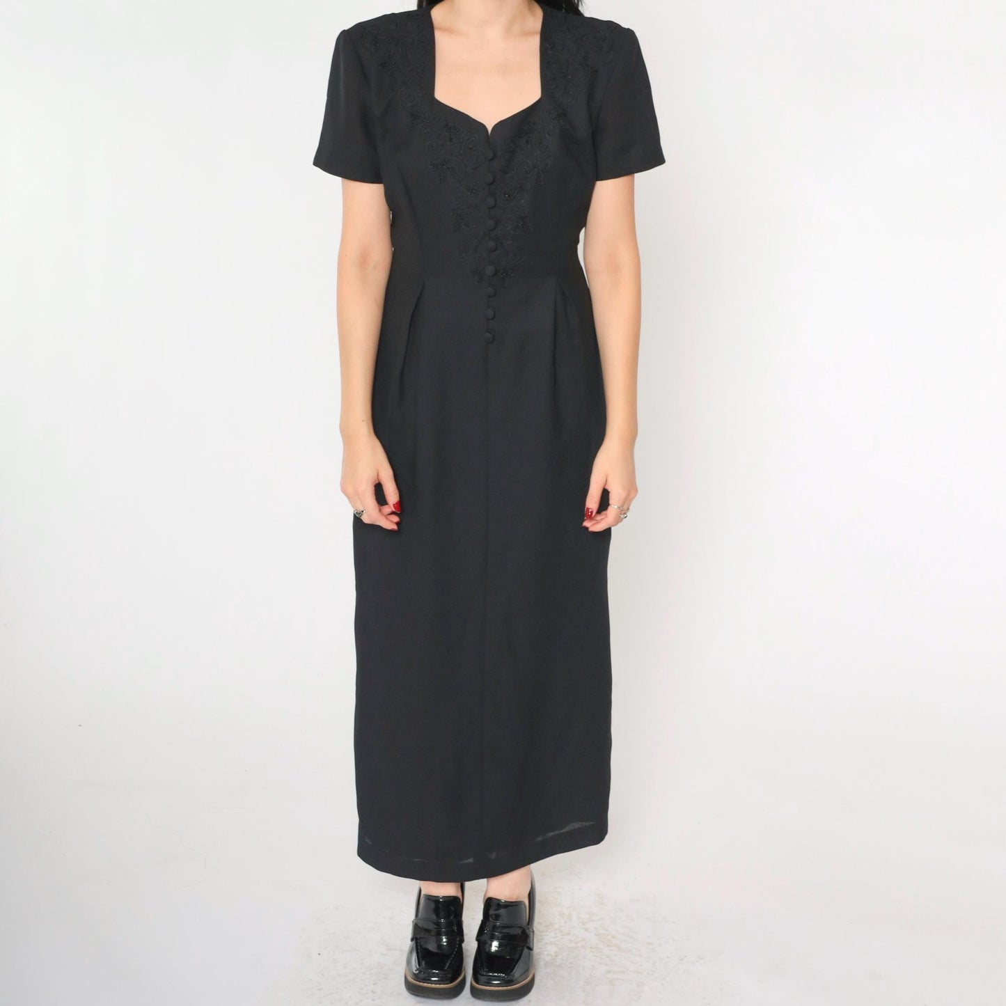 90s Black Soutache Beaded Maxi Dress Button Front Short Sleeve Medium