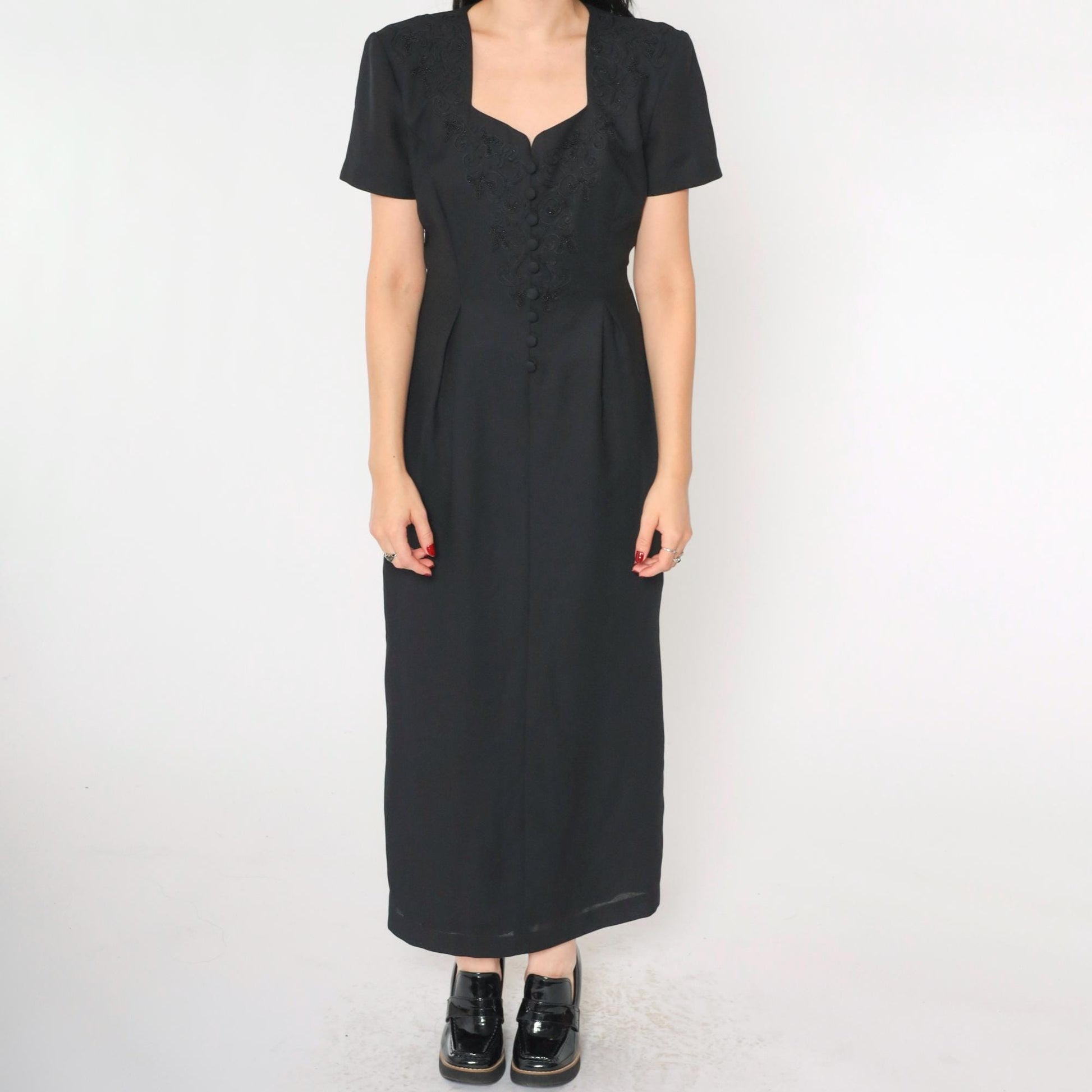 90s Black Soutache Beaded Maxi Dress Button Front Short Sleeve Medium