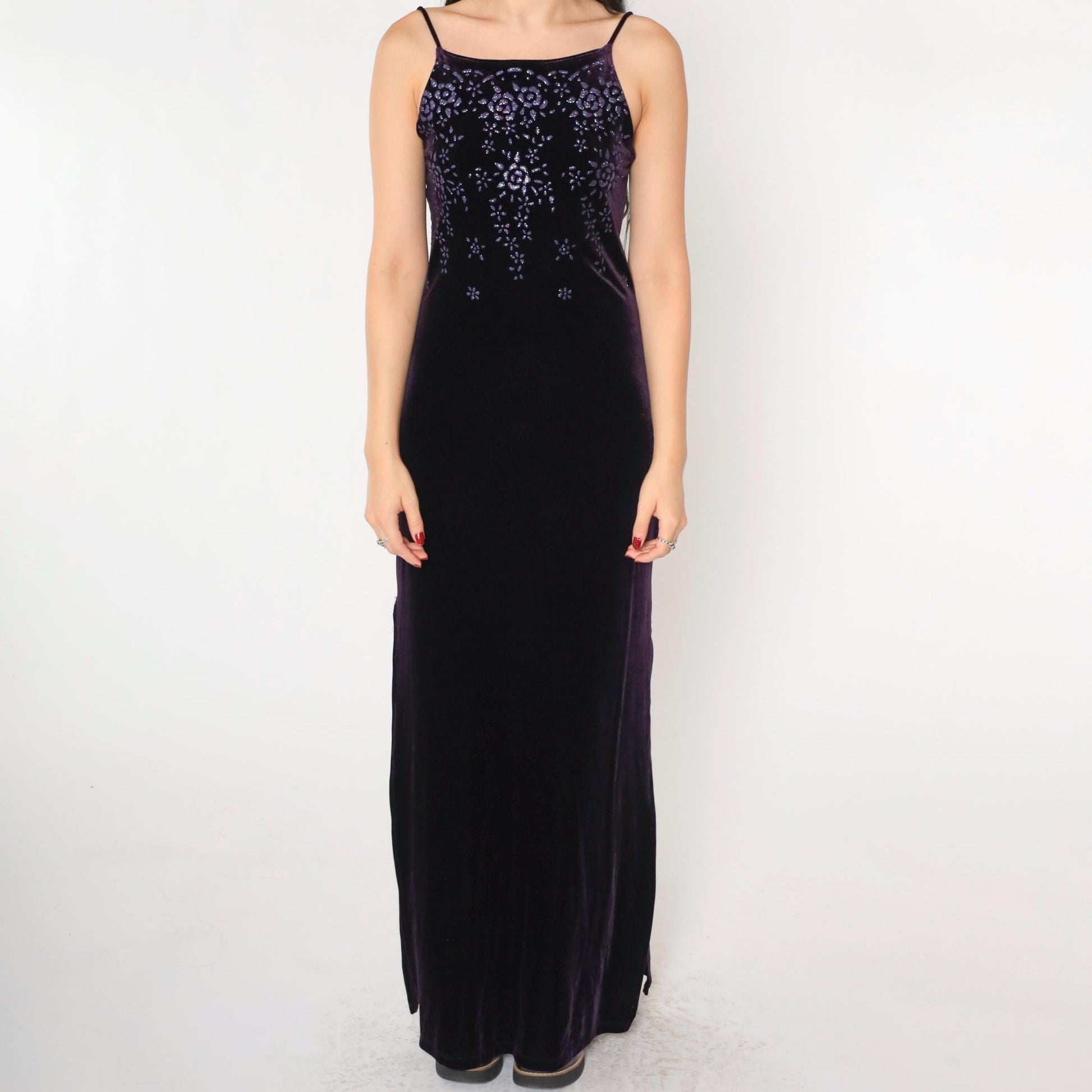 90s Purple Velvet Maxi Dress Glitter Floral Spaghetti Strap Side Slit Small