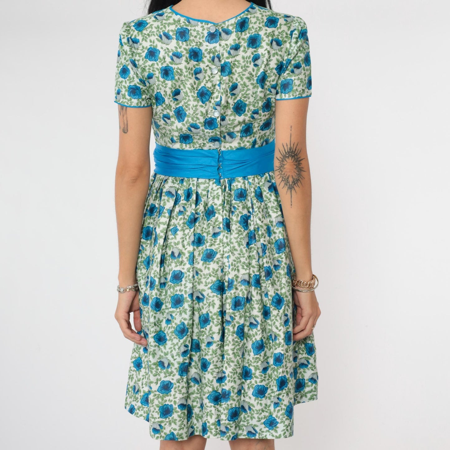 1960s Floral Dress Blue Green Mini High Waist Short Sleeve Small