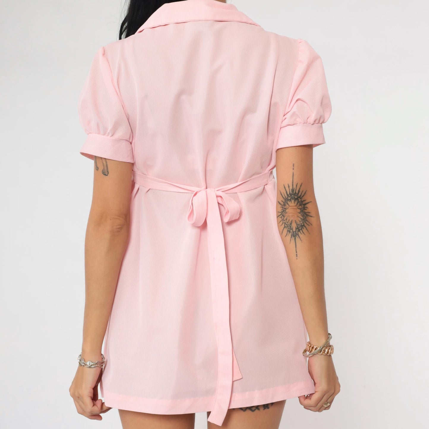 70s Baby Pink Babydoll Dress Puff Sleeve Empire Waist Micro Mini Extra Small