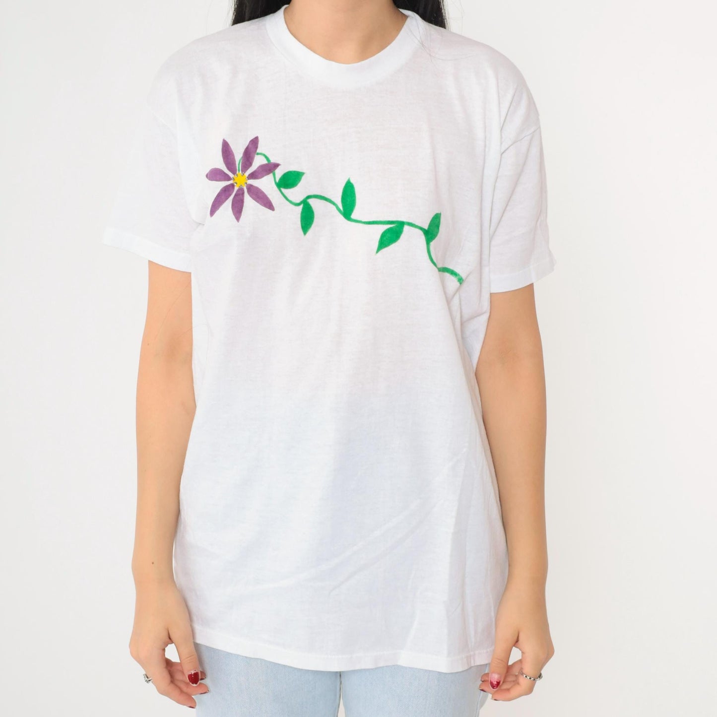 90s Hand Painted Floral T Shirt Silver Sparkle White Purple Crewneck Medium Large