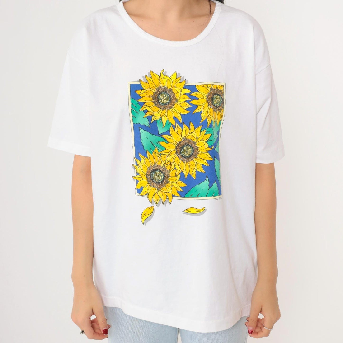 90s Anvil Sunflower Graphic T-Shirt White Cotton Large