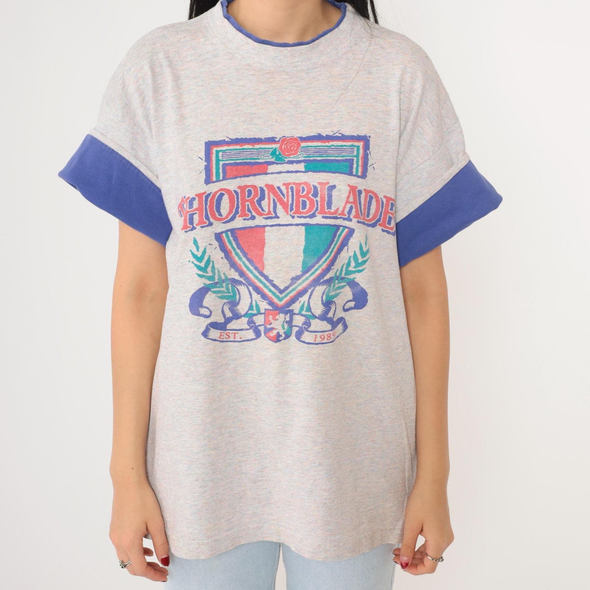 90s Thornblade Golf Club Crest Ringer Tee Heather Grey Blue Large L