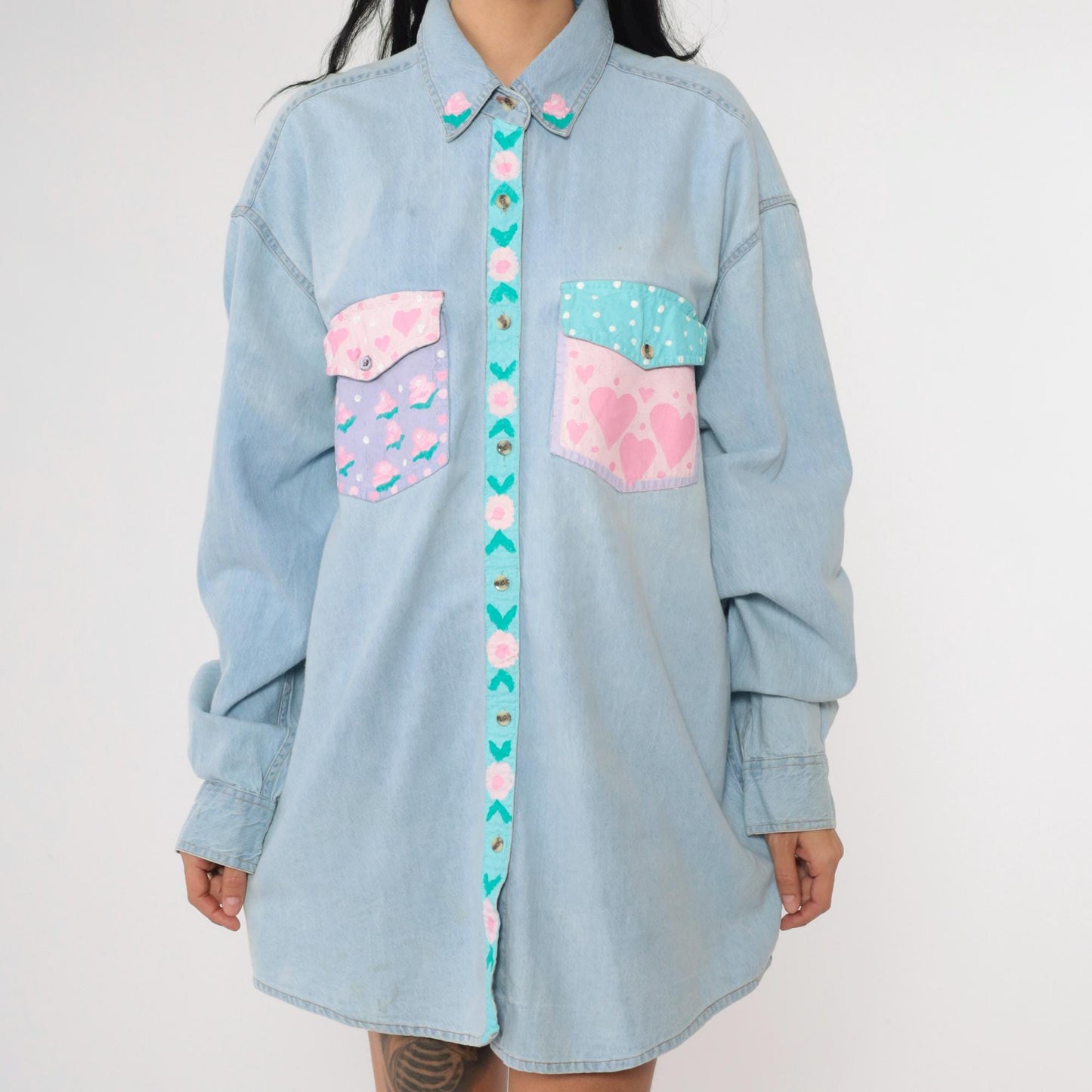 90s Hand Painted Floral Denim Button Up Shirt Blue Plus Size XXL