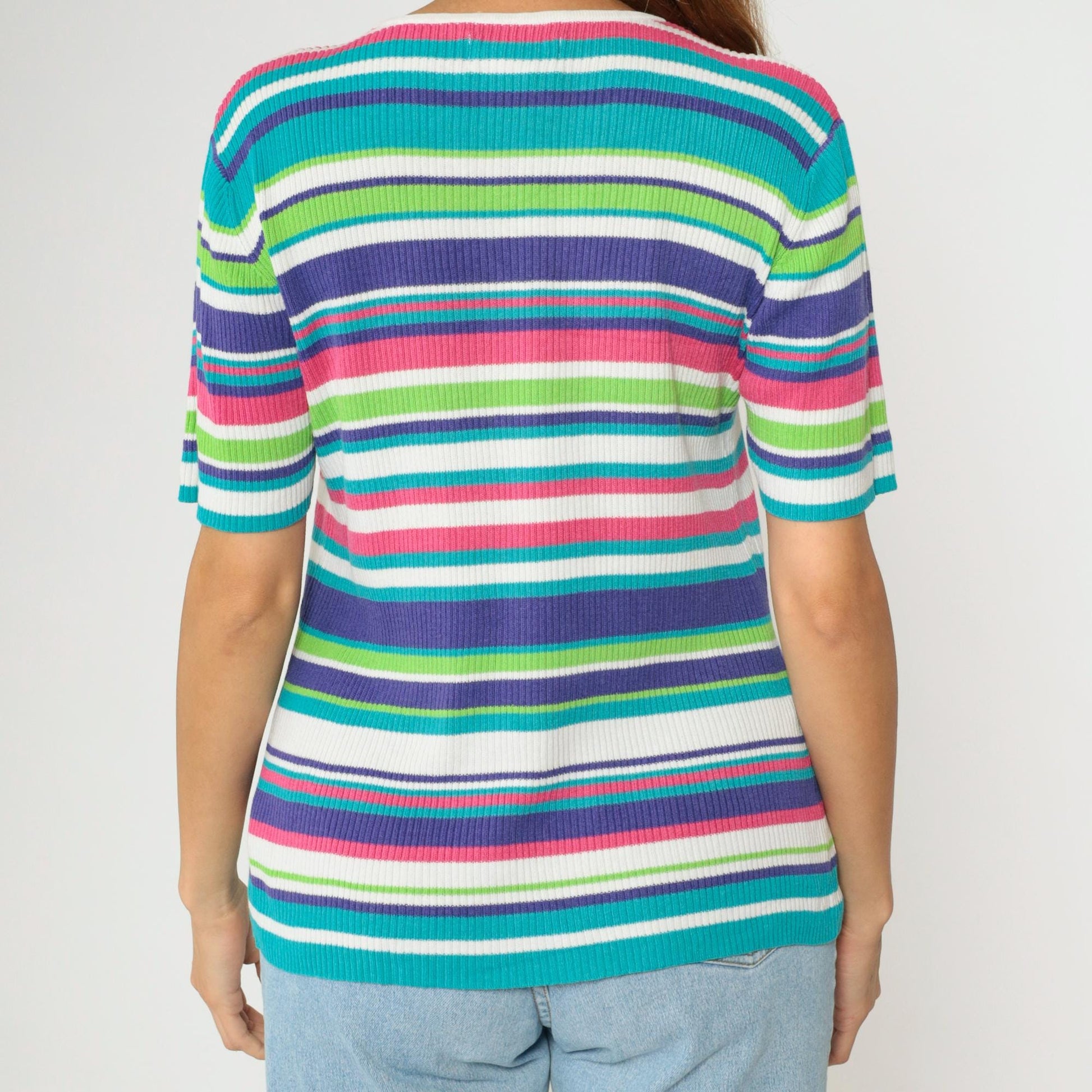 90s Worthington Striped Ribbed Knit Top Short Sleeve Pink Purple Blue Large L