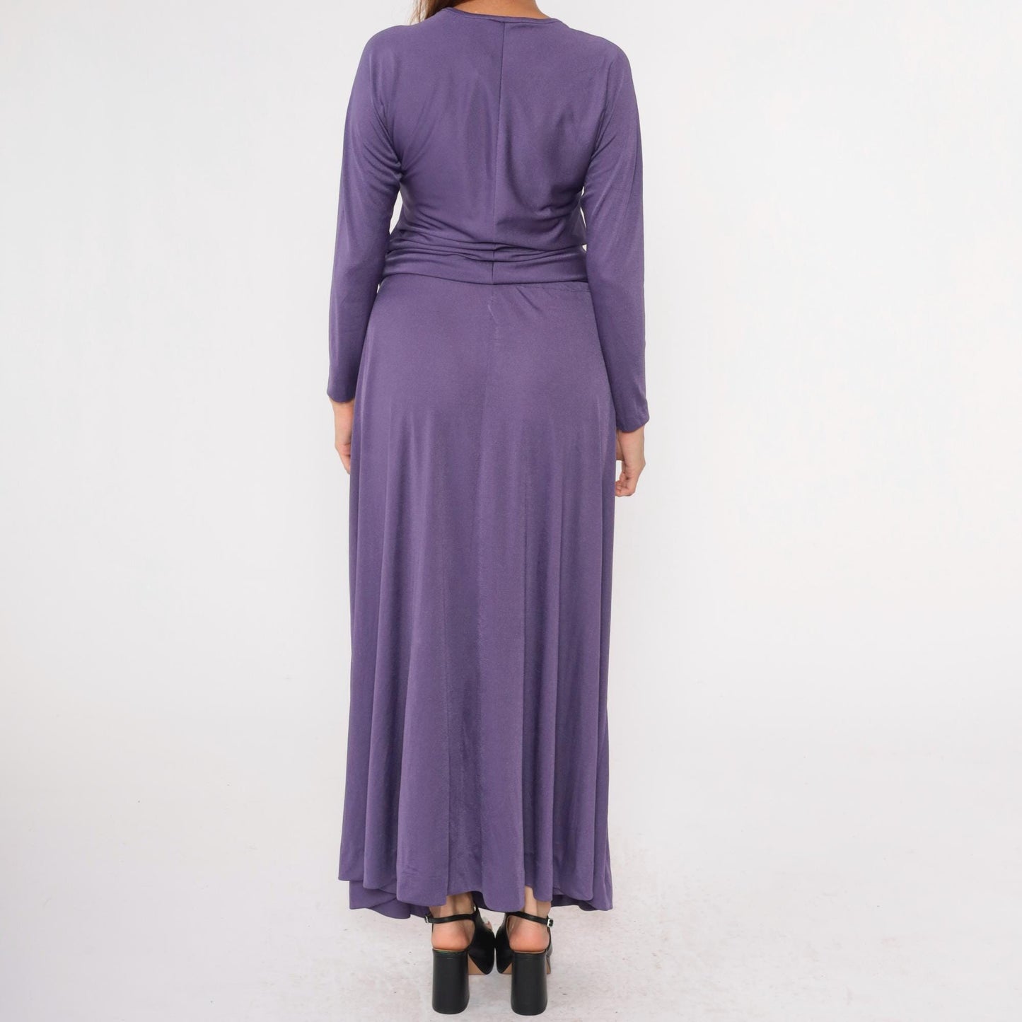 1970s Purple Maxi Dress Blouson High Waist Scoop Neck Long Sleeve Medium