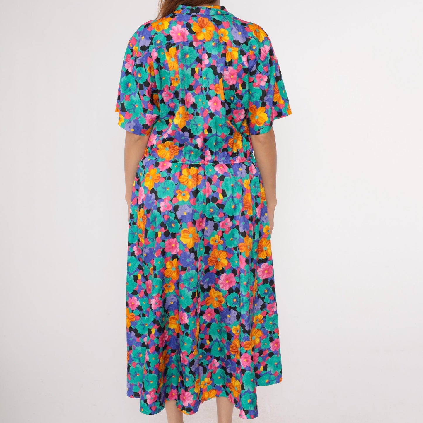 80s Floral Midi Shirtdress High Waist Button Front Turquoise Pink Blue Medium