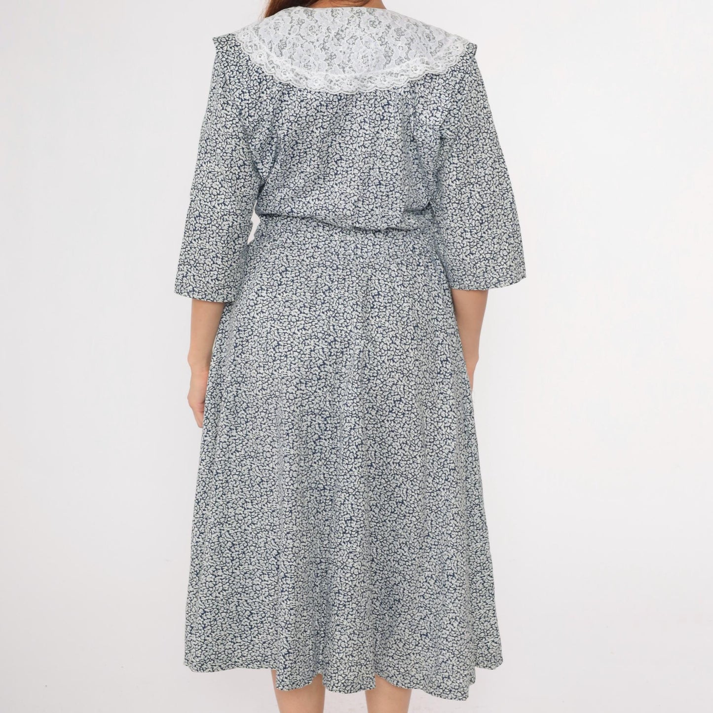 80s Blue Floral Midi Dress White Lace Collar Faux Wrap 3/4 Sleeve Medium