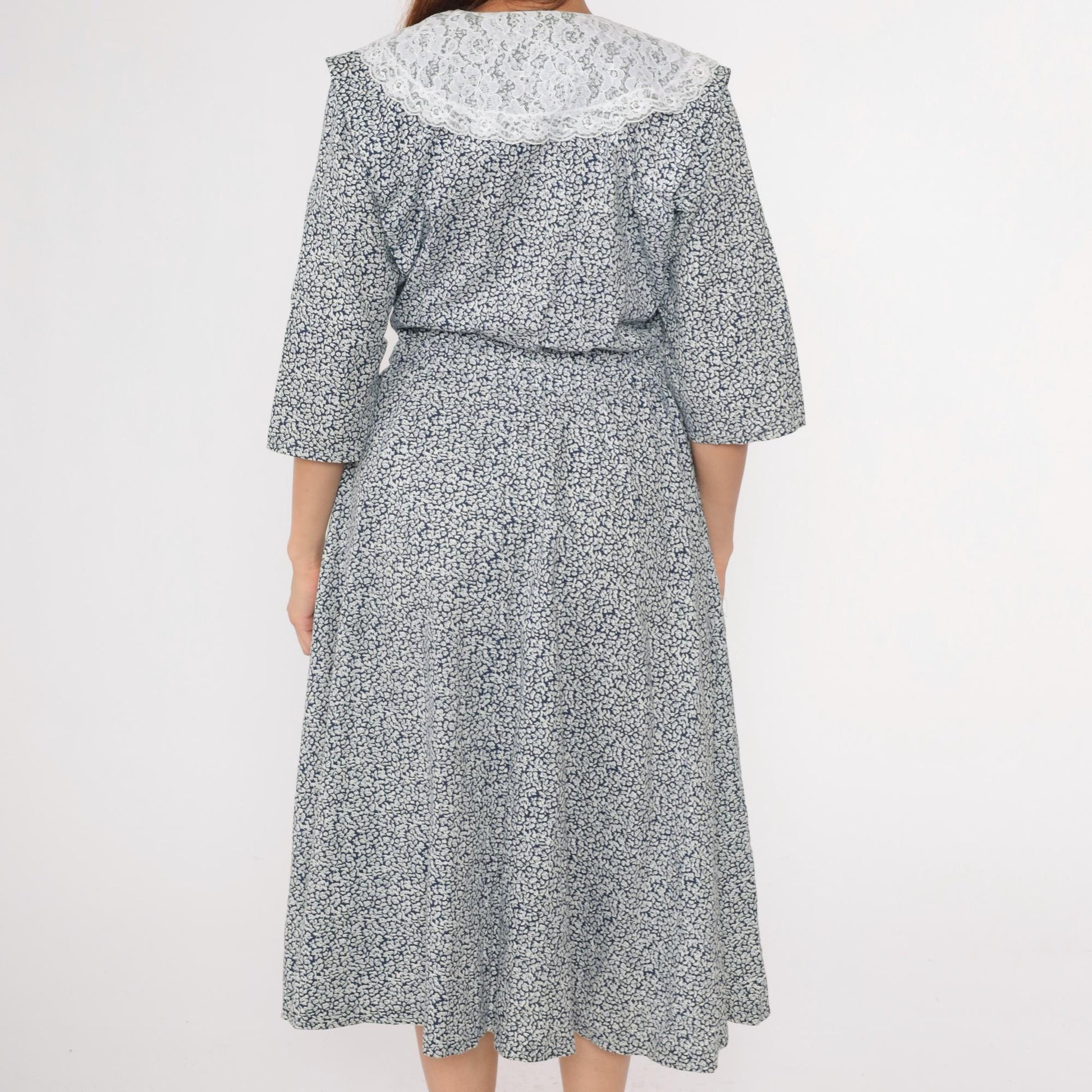 80s Blue Floral Midi Dress White Lace Collar Faux Wrap 3/4 Sleeve Medium