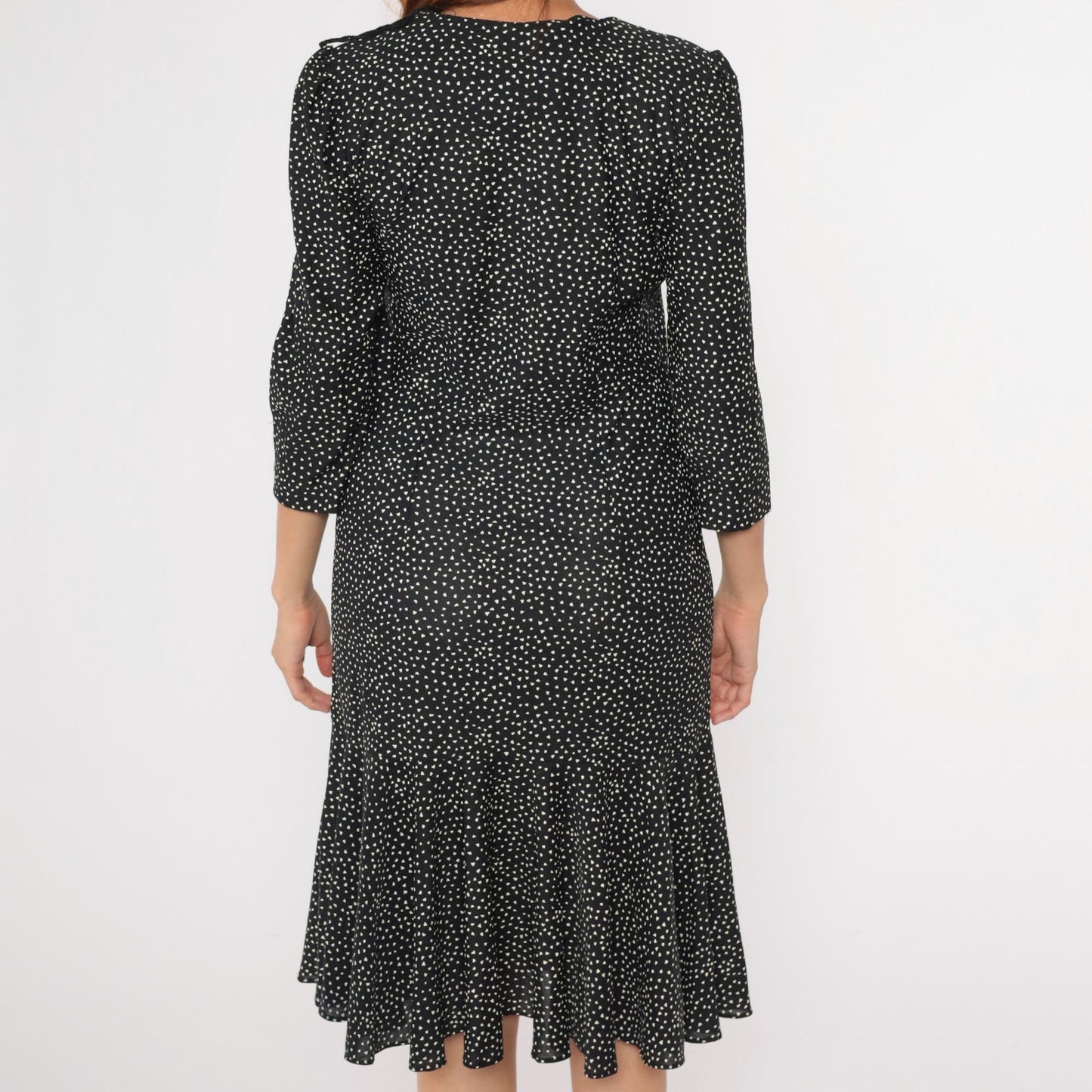 80s Black White Polka Dot Midi Dress Puff Sleeve Shift Ruffle Hem Medium