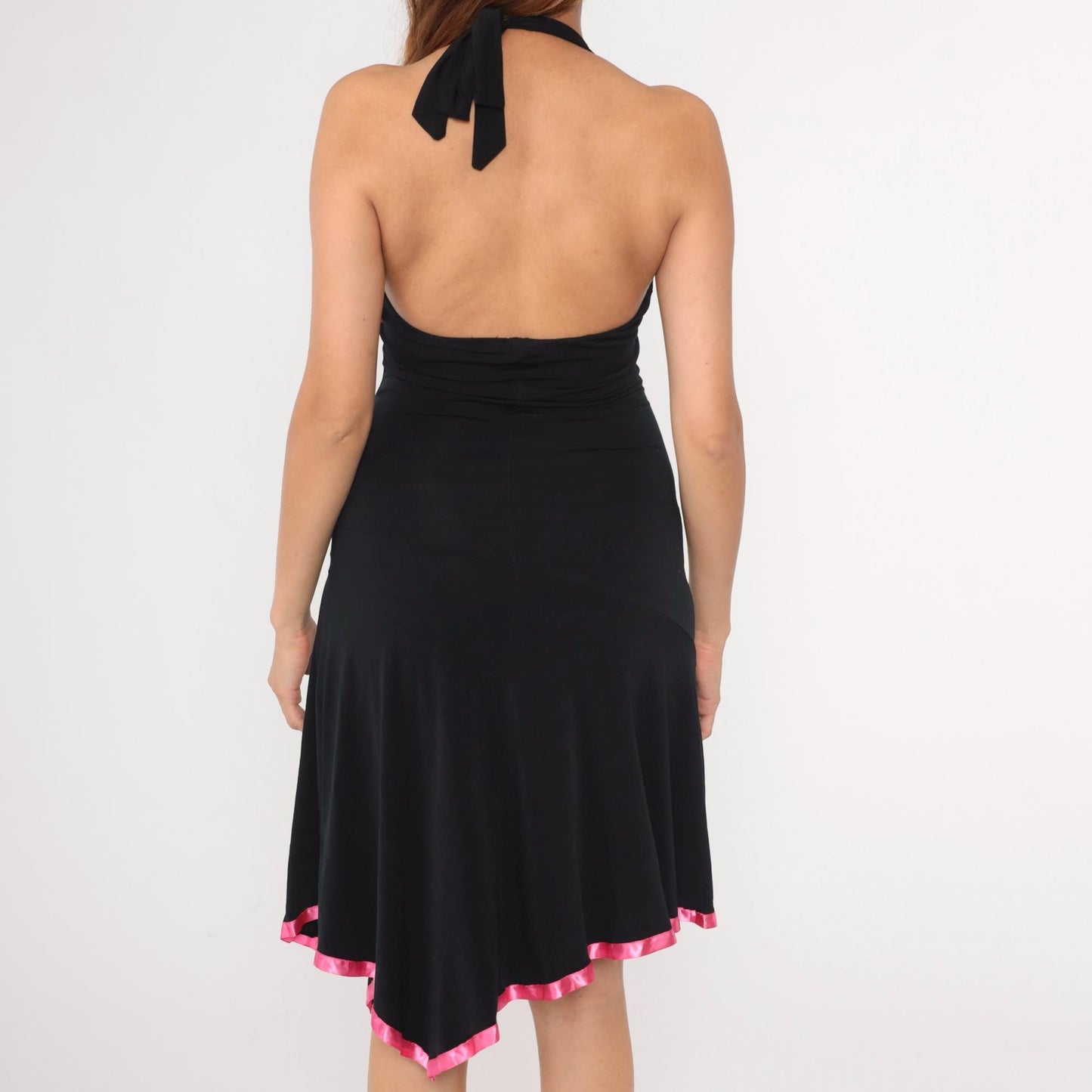 Y2K Black Halter Midi Dress Asymmetrical Hanky Hem Pink Trim Small Medium
