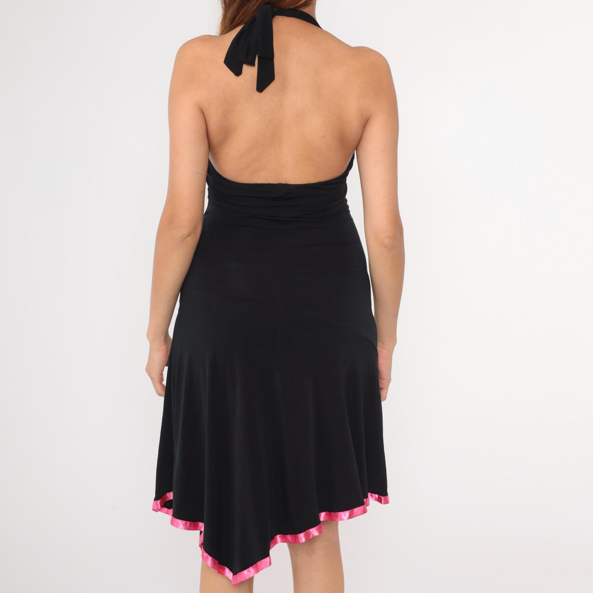 Y2K Black Halter Midi Dress Asymmetrical Hanky Hem Pink Trim Small Medium