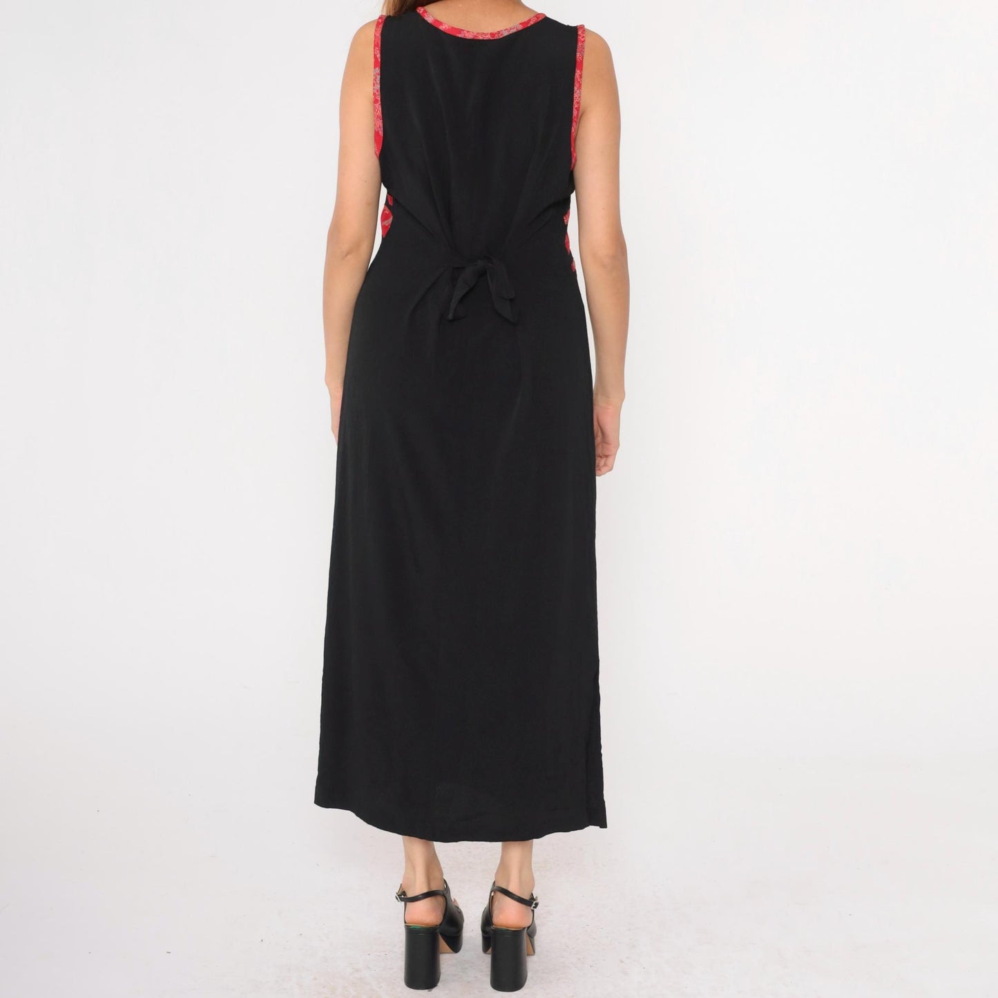 90s Black Maxi Dress Asian Jacquard Trim Sleeveless High Waist Medium