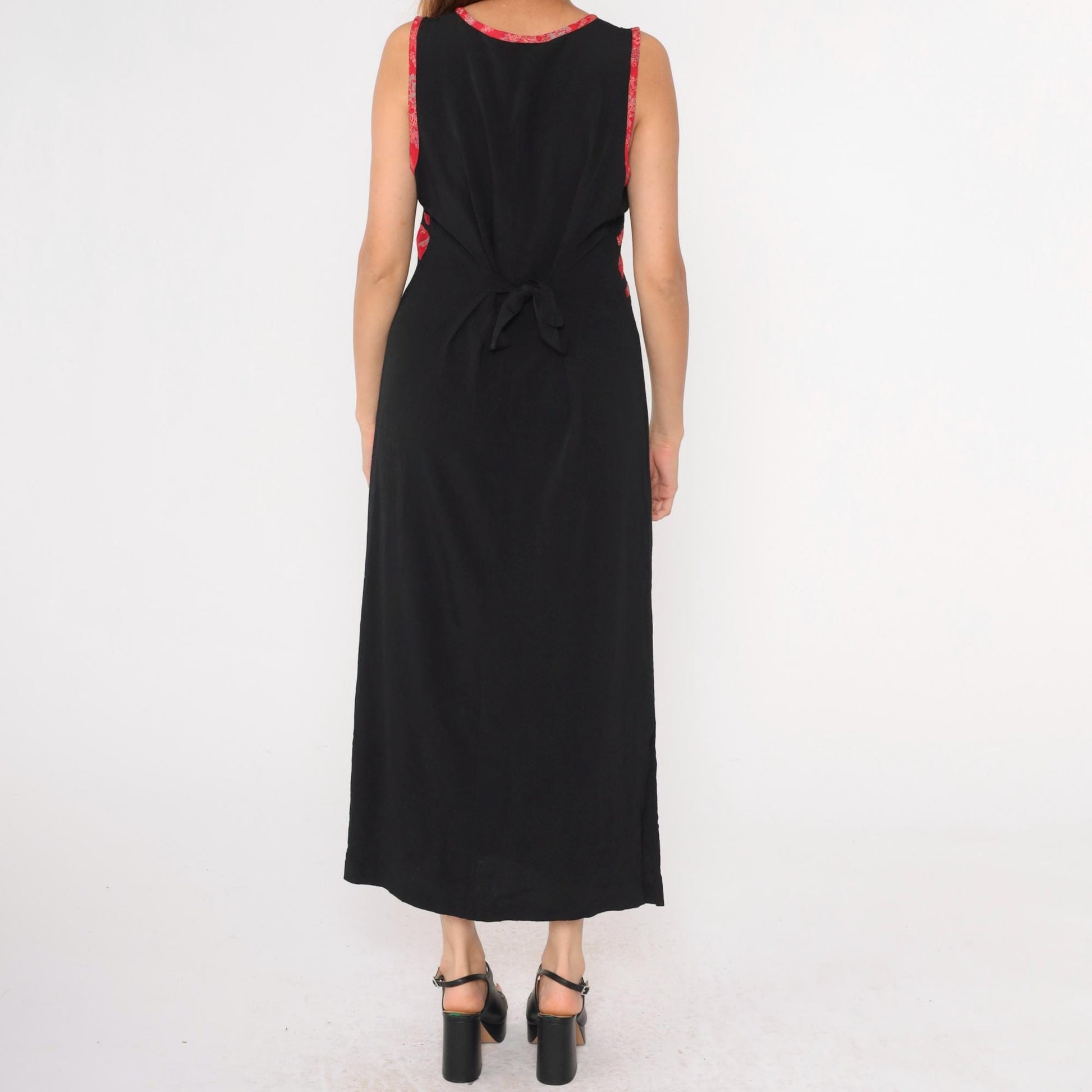 90s Black Maxi Dress Asian Jacquard Trim Sleeveless High Waist Medium