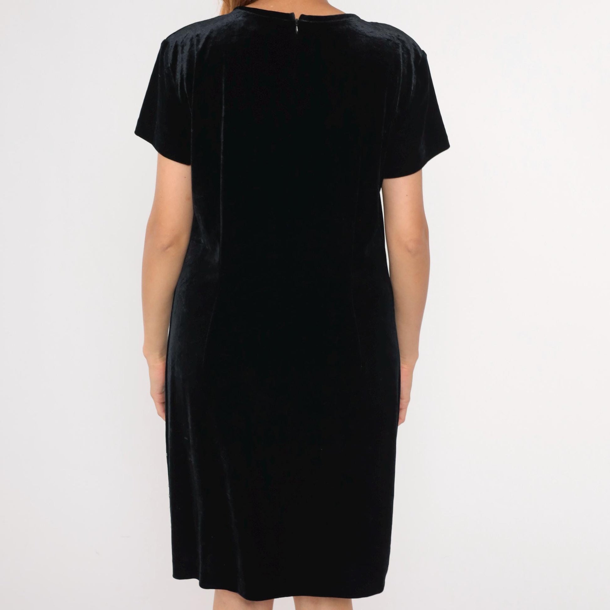 90s Black Velvet Beaded Mini Dress Short Sleeve Shift Large L