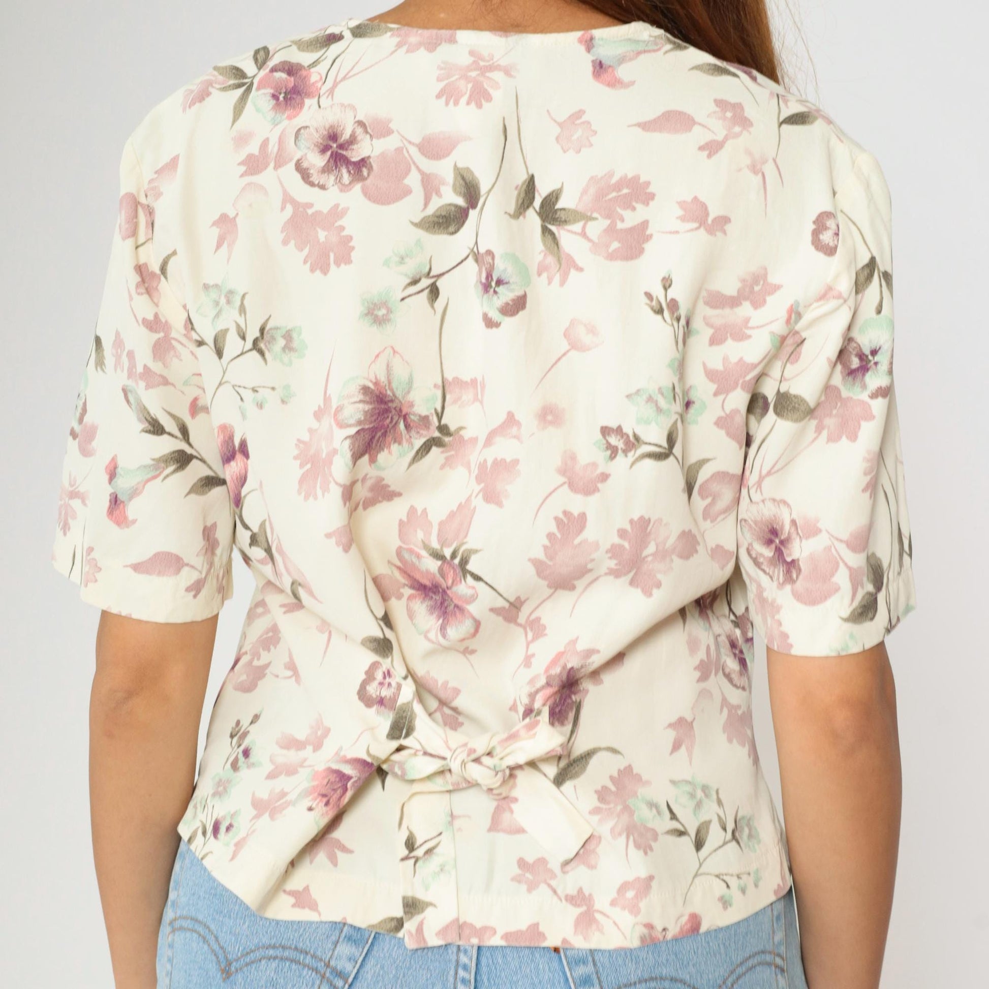 90s Lee David Floral Button Up Blouse Off-White Mauve Pink V-Neck Medium M
