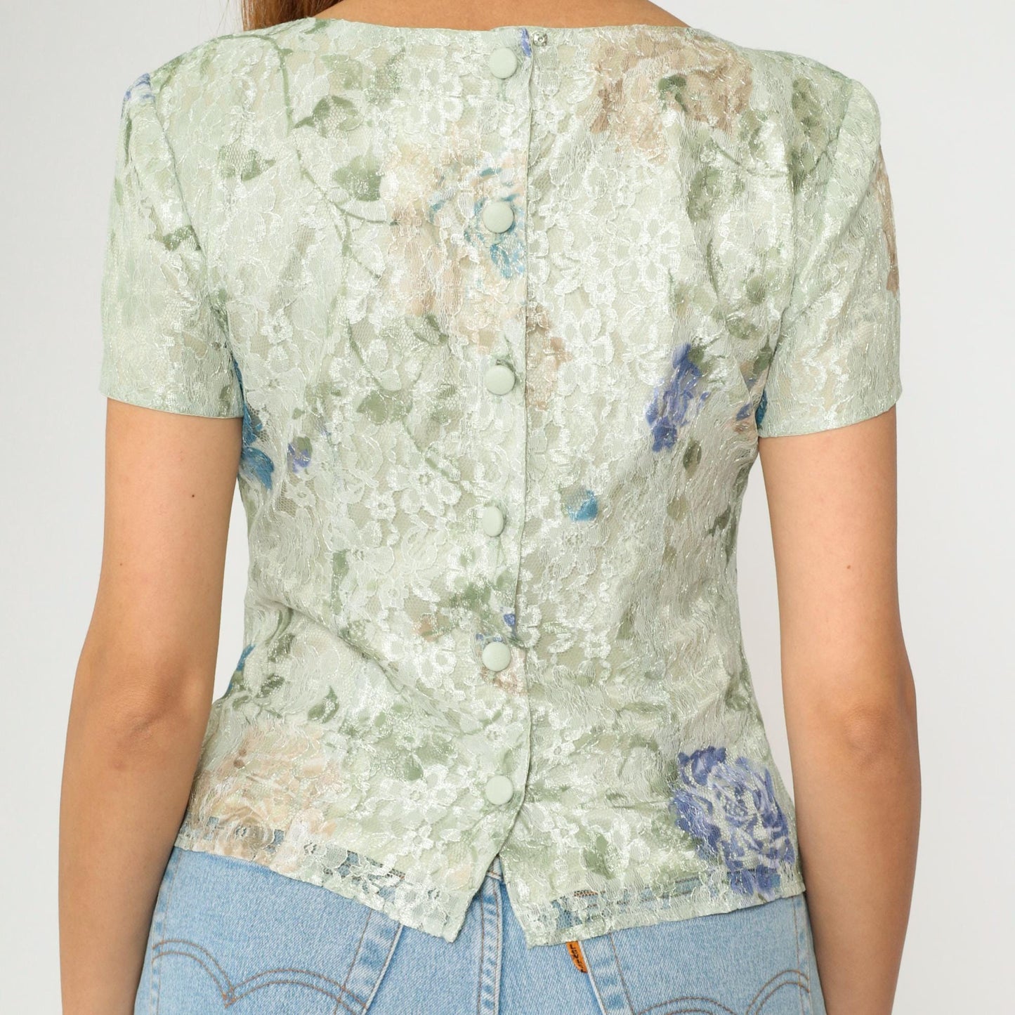 90s Green Floral Lace Blouse Short Sleeve Scoop Neck Button Back Small