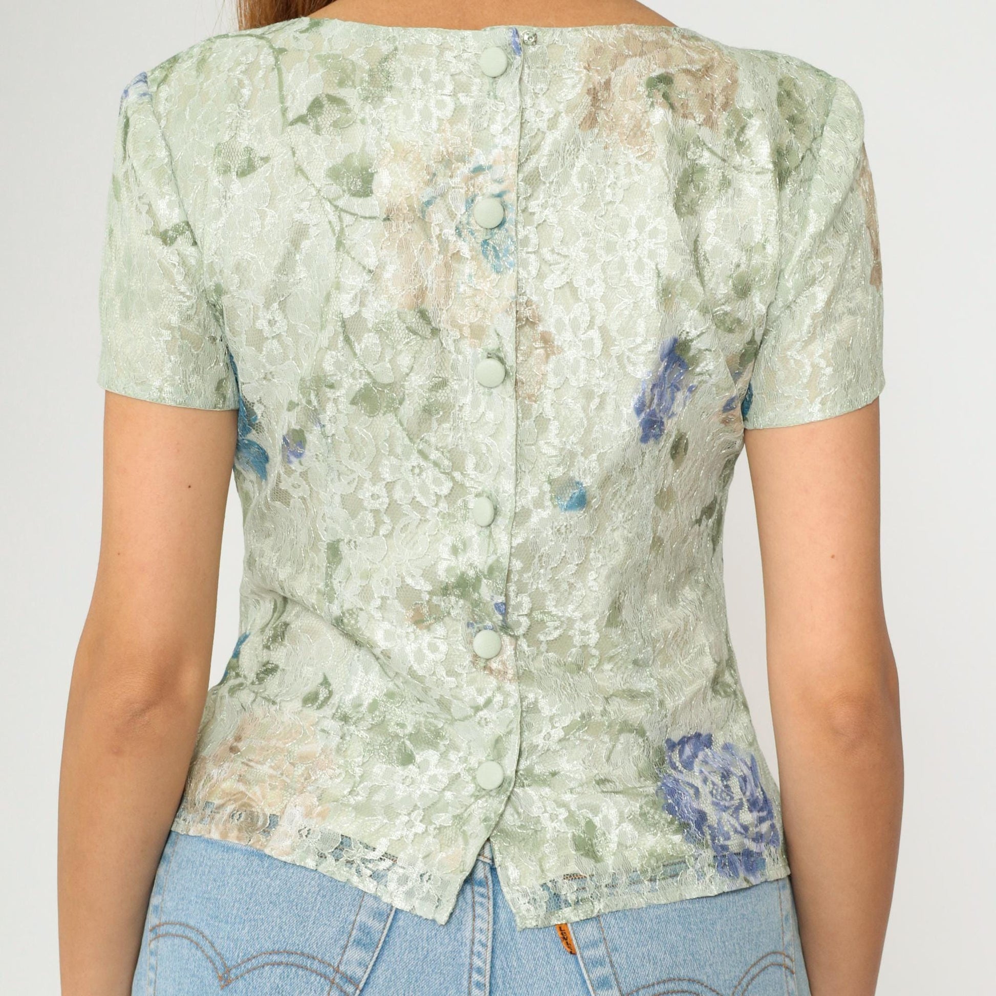 90s Green Floral Lace Blouse Short Sleeve Scoop Neck Button Back Small