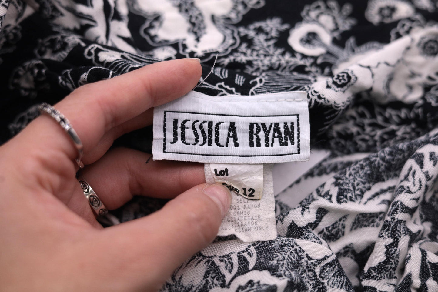 80s Jessica Ryan Black White Floral Midi Dress Faux Wrap Epaulettes Medium