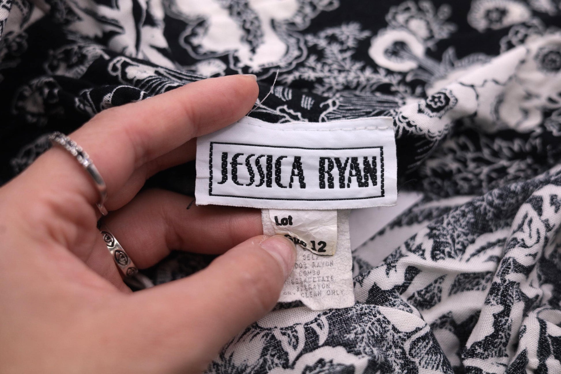 80s Jessica Ryan Black White Floral Midi Dress Faux Wrap Epaulettes Medium