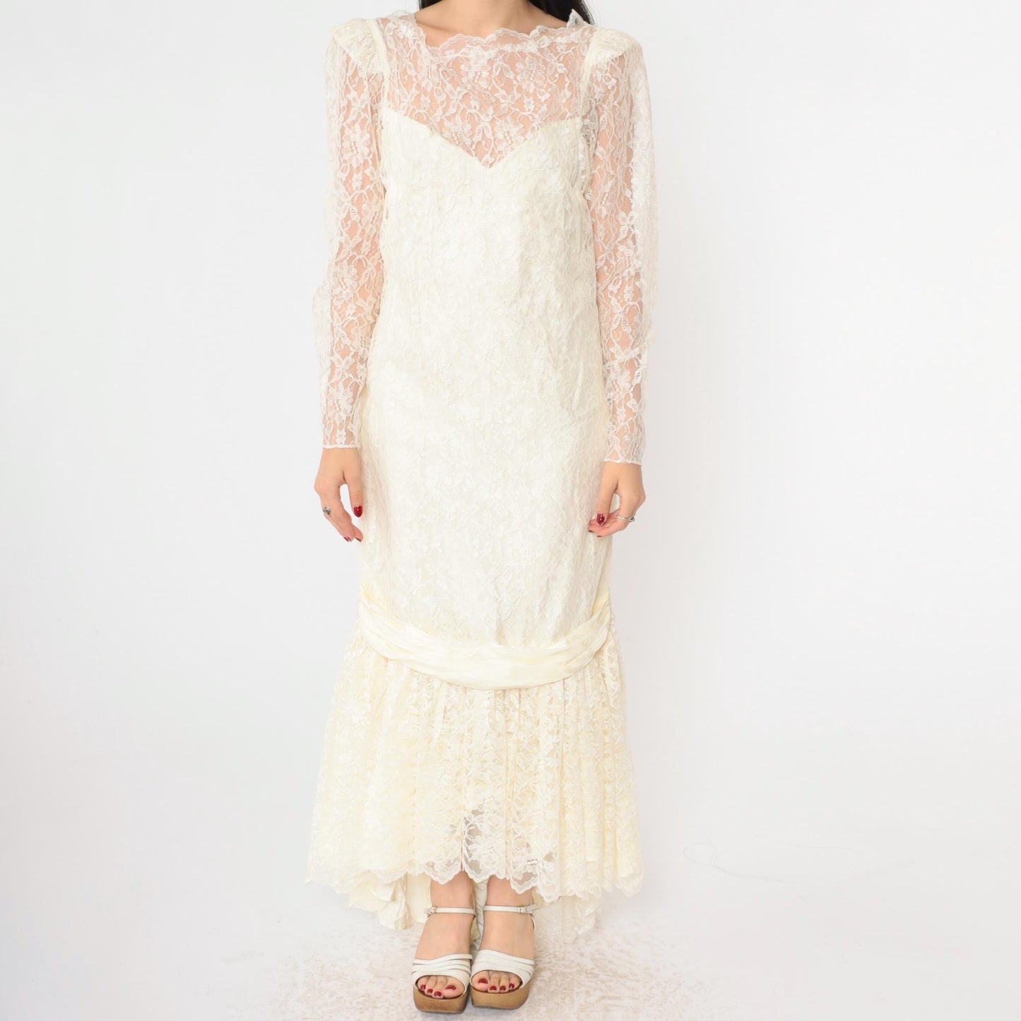 80s Off-White Lace Wedding Dress Maxi Gown Puff Sleeve Sweetheart Neckline Small S