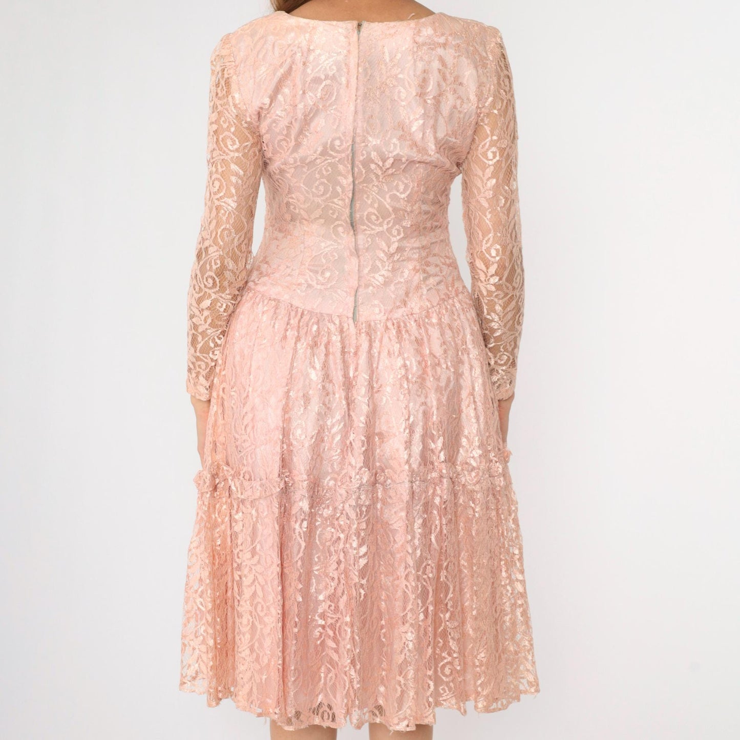 1960s Pink Lace Midi Dress Beaded Floral Scoop Neck Drop Waist Medium