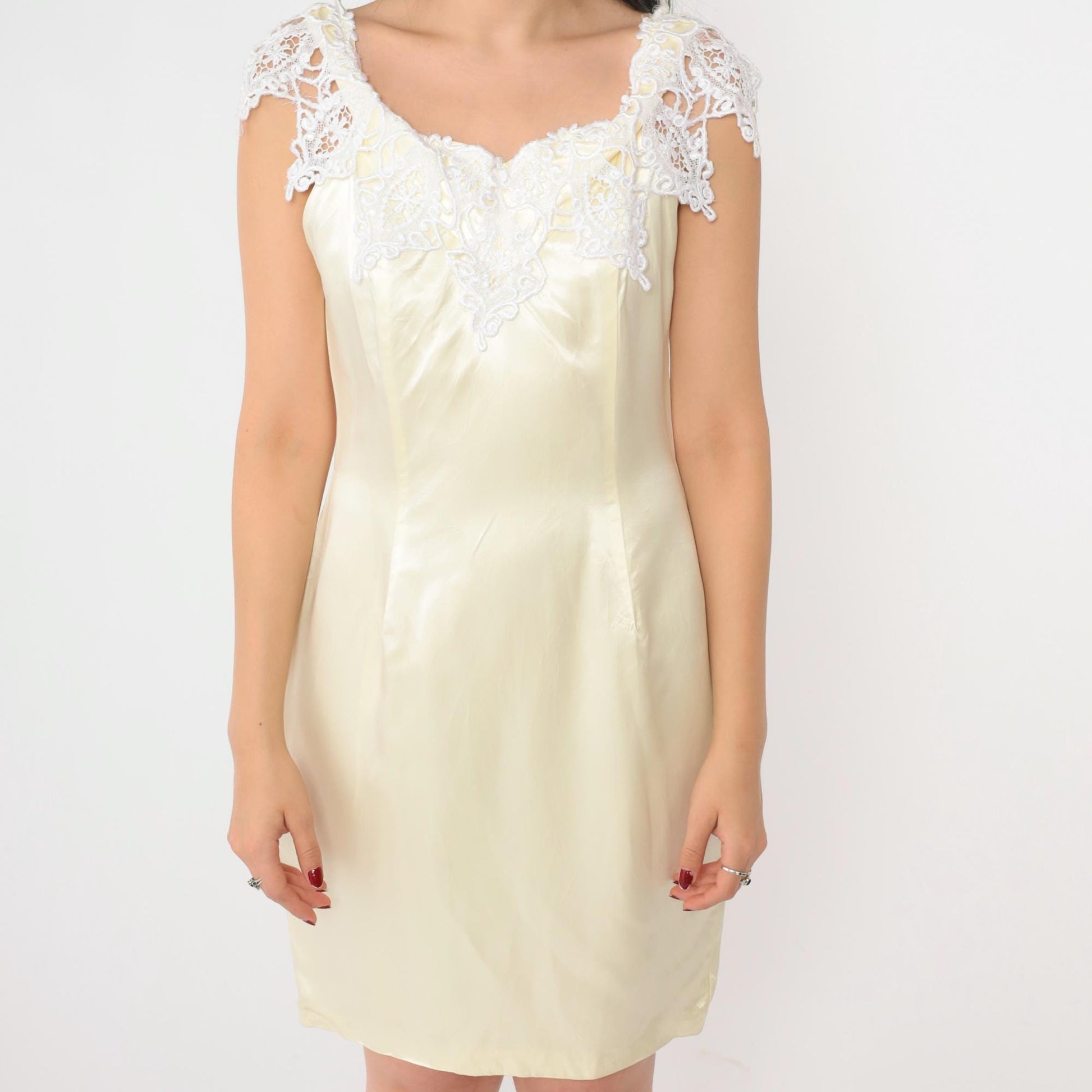 90s Cream Satin Lace Shift Dress Mini Sleeveless Small S