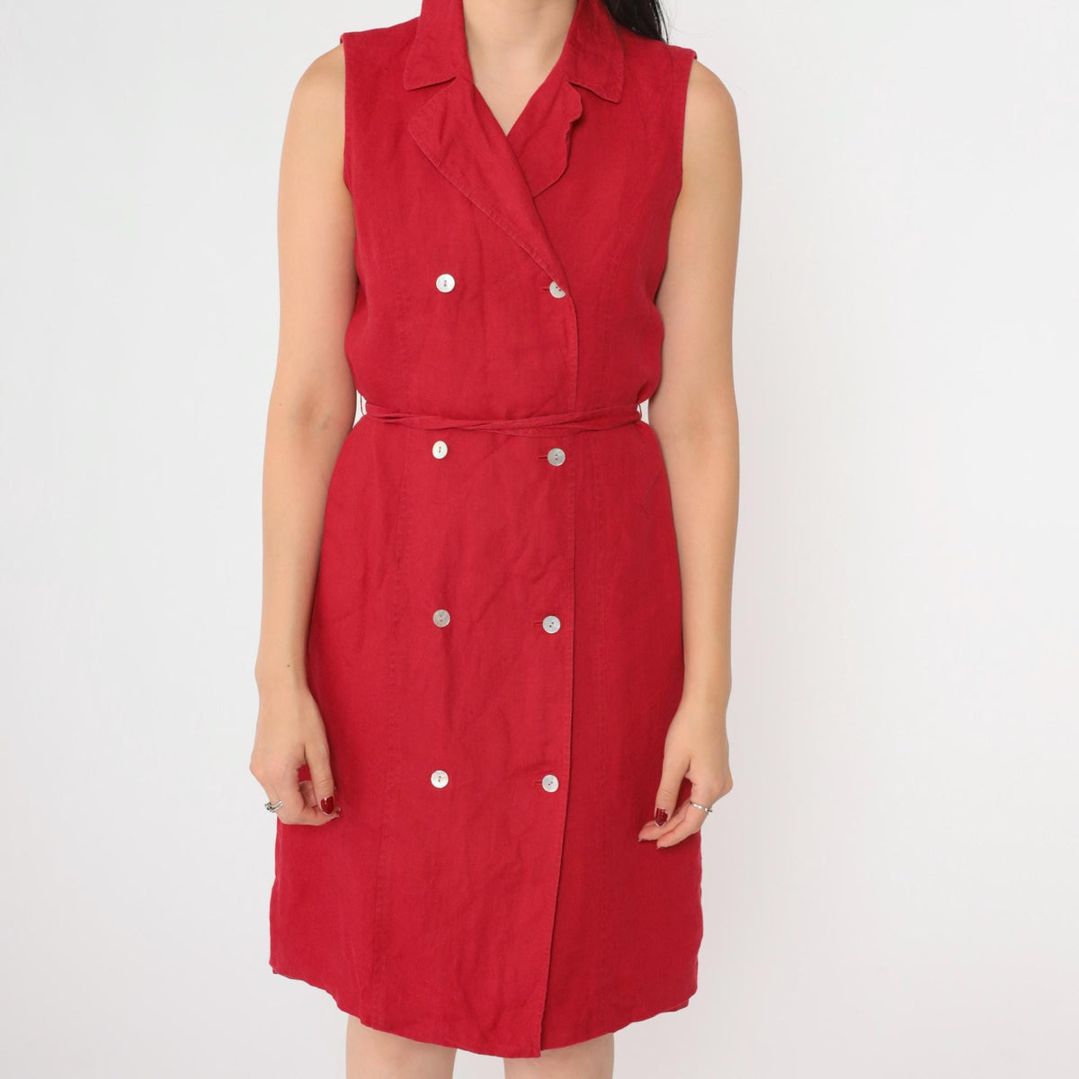 90s Talbots Red Linen Sleeveless Shift Dress Double Breasted Small