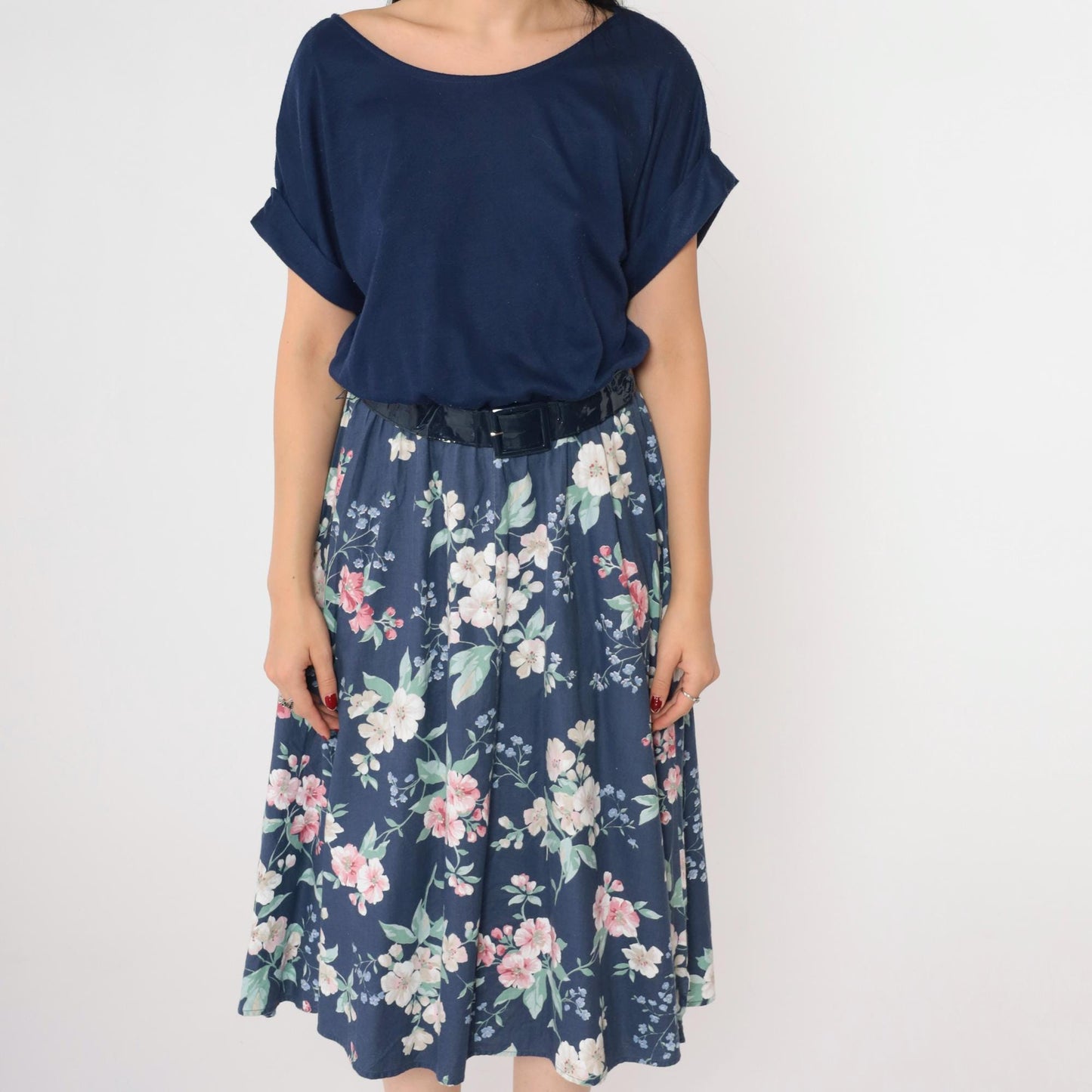 80s Navy Floral Midi Dress High Waist Belted Blouson Short Sleeve Small Medium