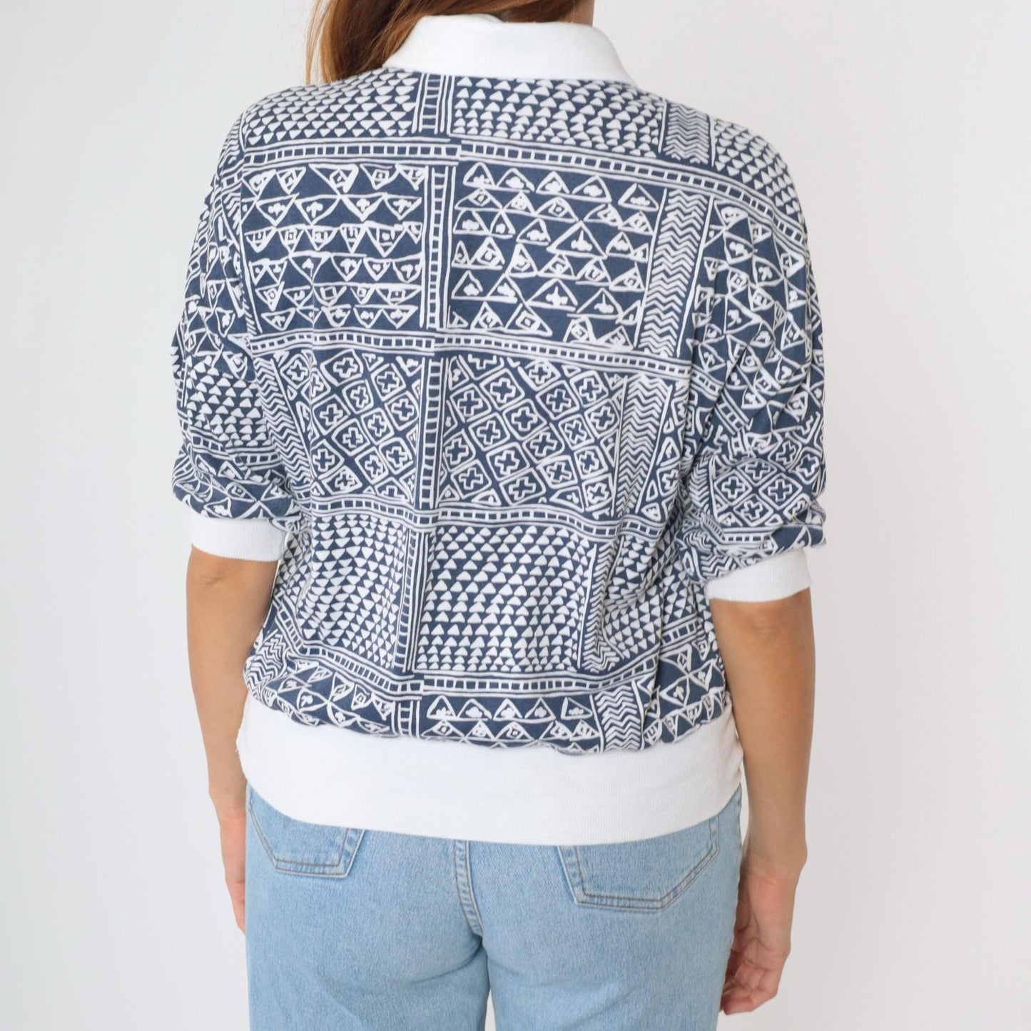 90s Drapers & Damons Geometric Patchwork Polo Shirt Navy White Dolman Medium