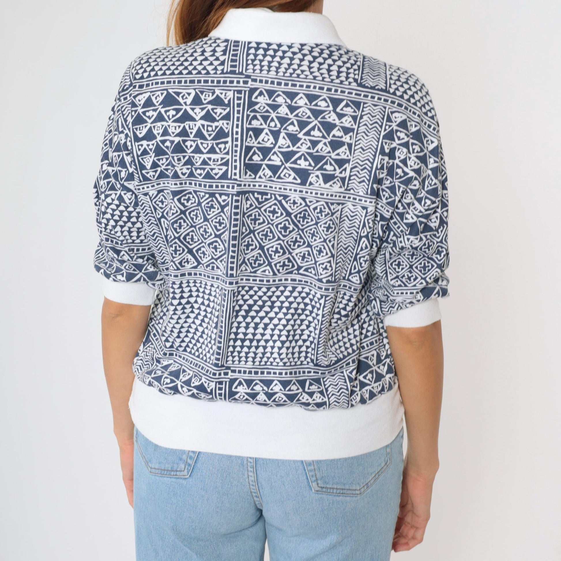 90s Drapers & Damons Geometric Patchwork Polo Shirt Navy White Dolman Medium