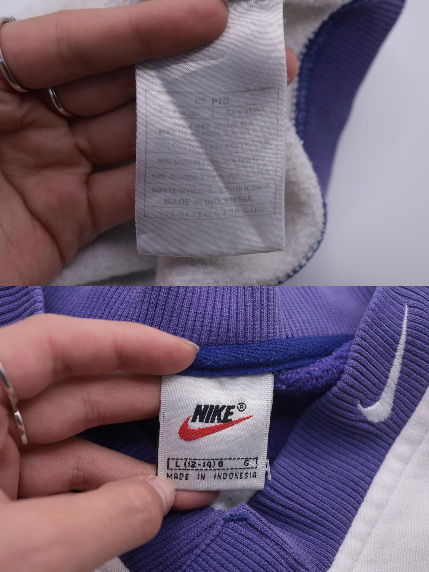90s Nike V-Neck Sweatshirt Purple White Colour Block Raglan Large