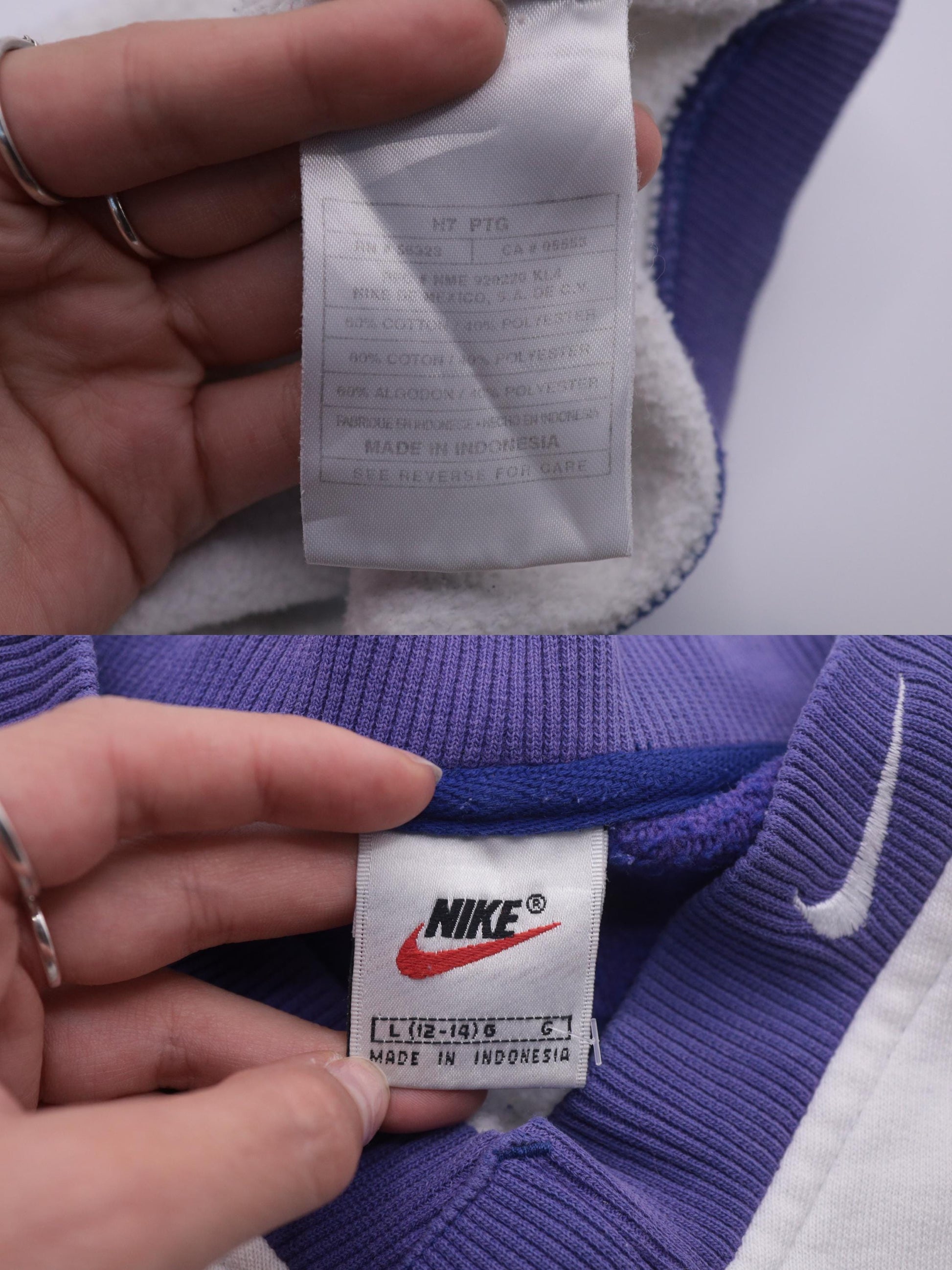 90s Nike V-Neck Sweatshirt Purple White Colour Block Raglan Large