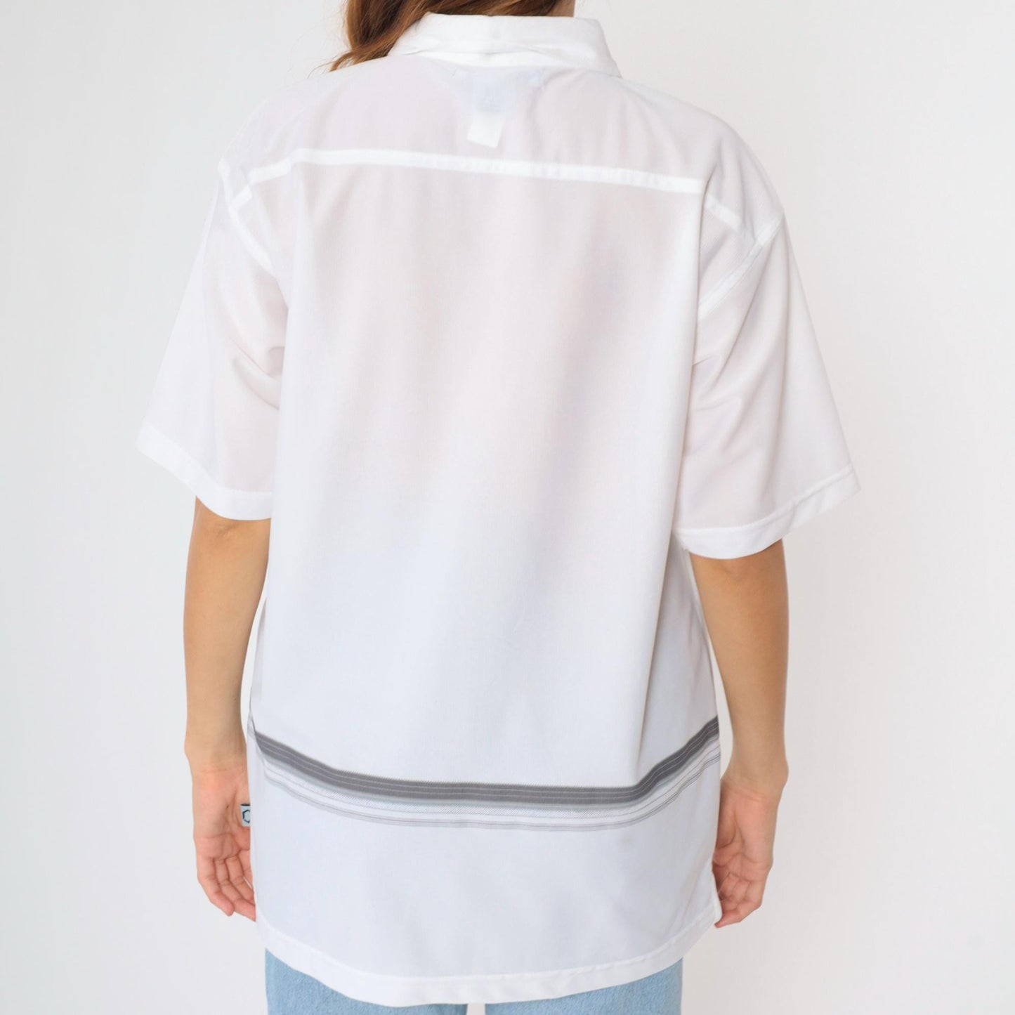 00s Striped Button-Up Shirt White Grey Y2K Short Sleeve Large L
