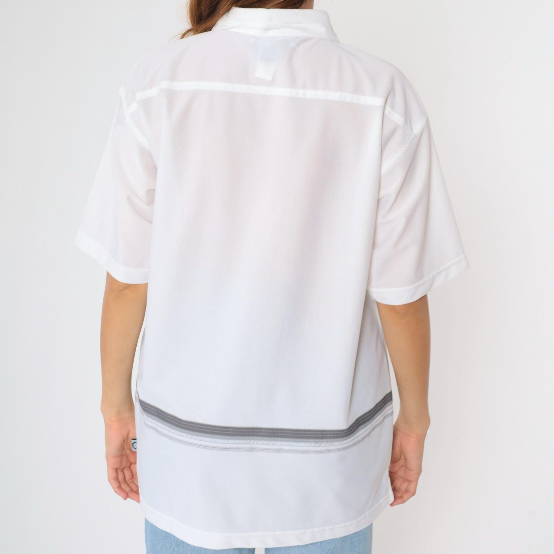 00s Striped Button-Up Shirt White Grey Y2K Short Sleeve Large L