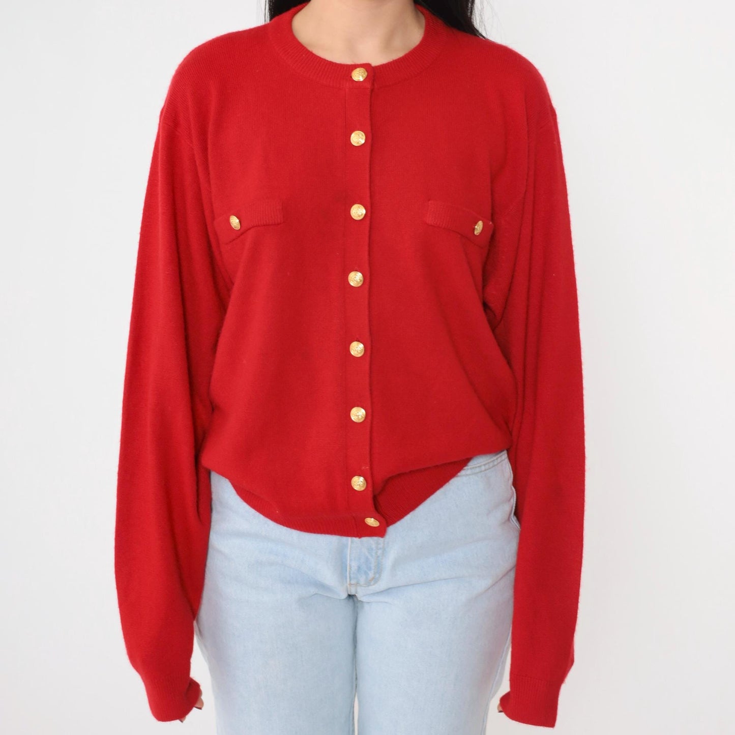90s Red Cardigan Gold Buttons Acrylic Knit Sweater Large