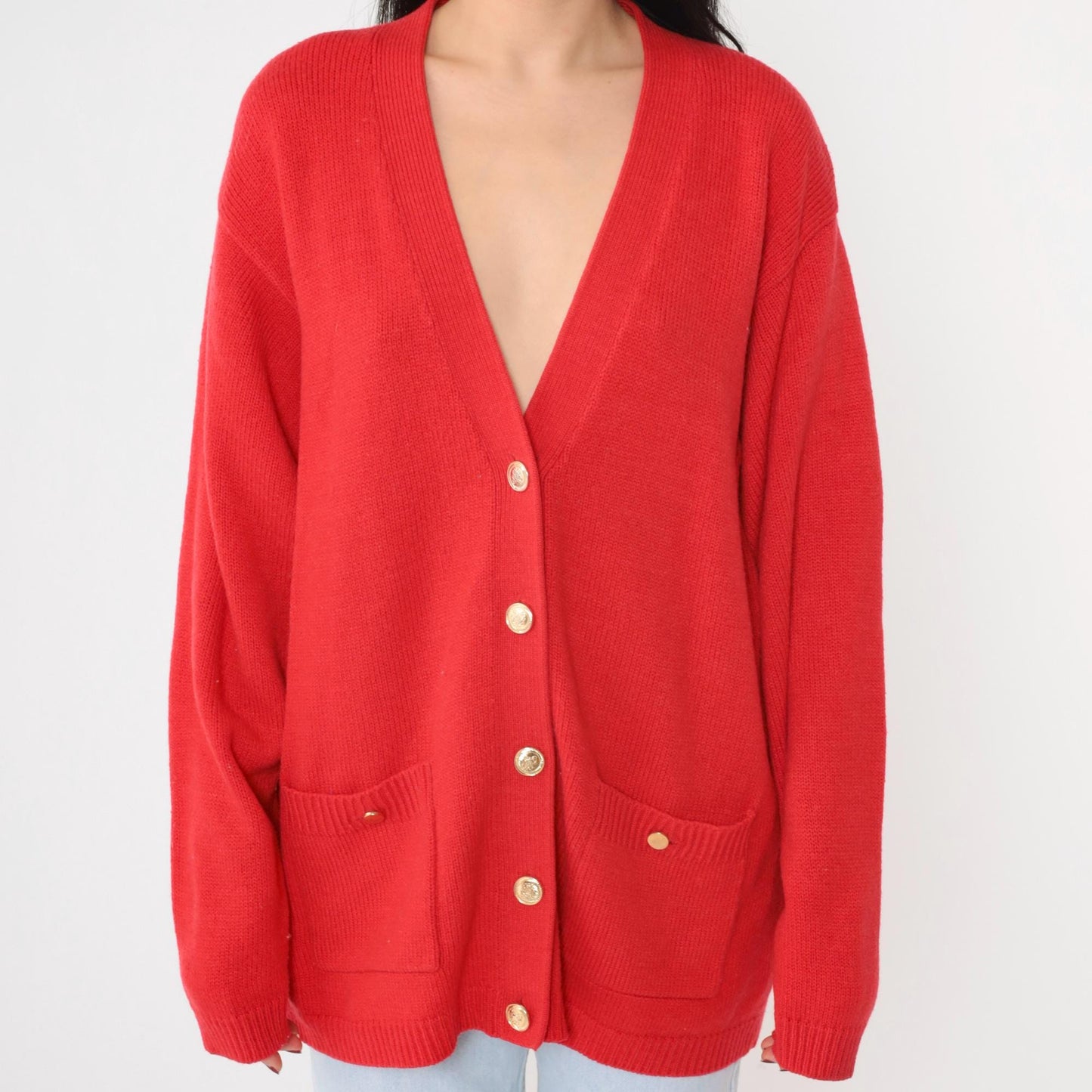 80s Karen Scott Wool Cardigan Red Gold Button Knit Sweater Large L