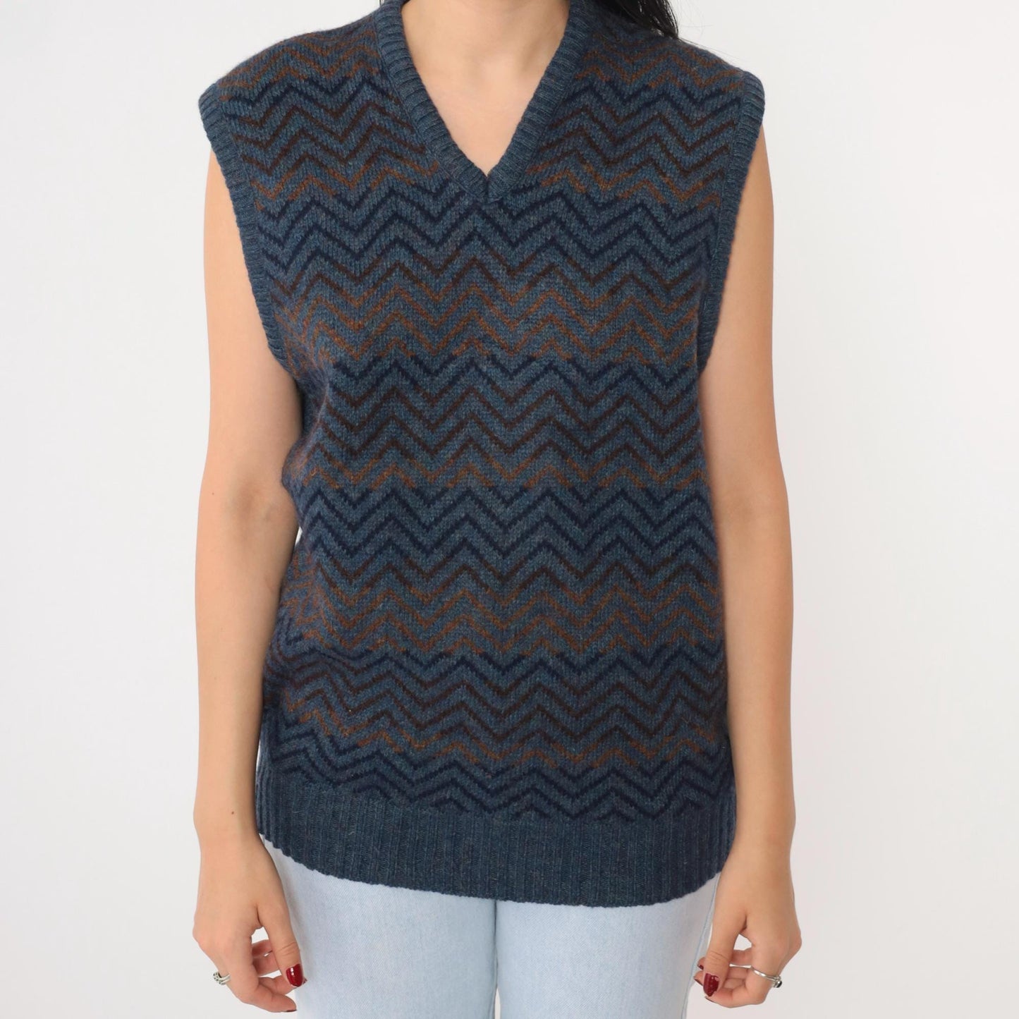 80s Robert Bruce Wool Blend Sweater Vest Zig Zag Stripe Blue V-Neck Medium