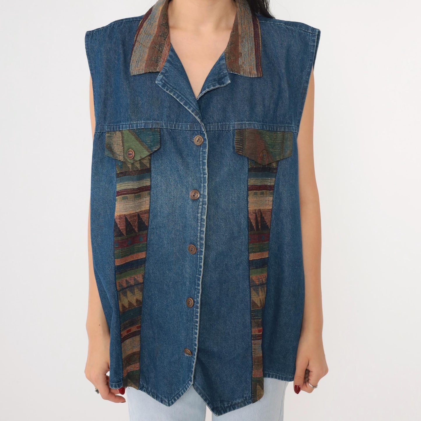 90s Southwestern Denim Vest Blue Tapestry Button Up Cotton Plus Size XXL