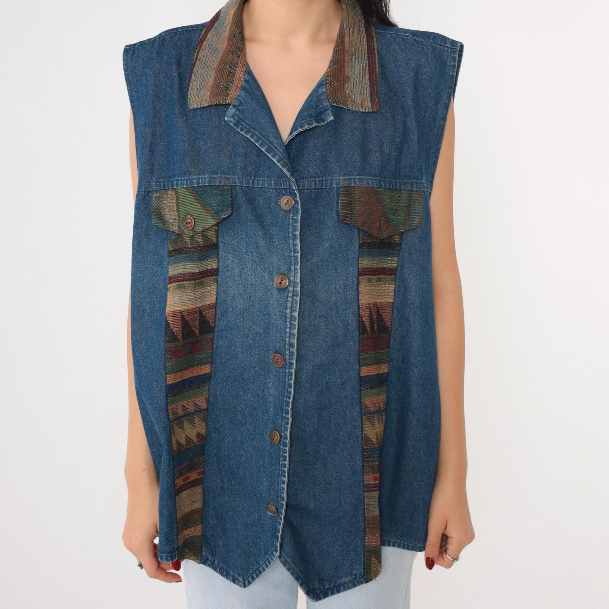 90s Southwestern Denim Vest Blue Tapestry Button Up Cotton Plus Size XXL