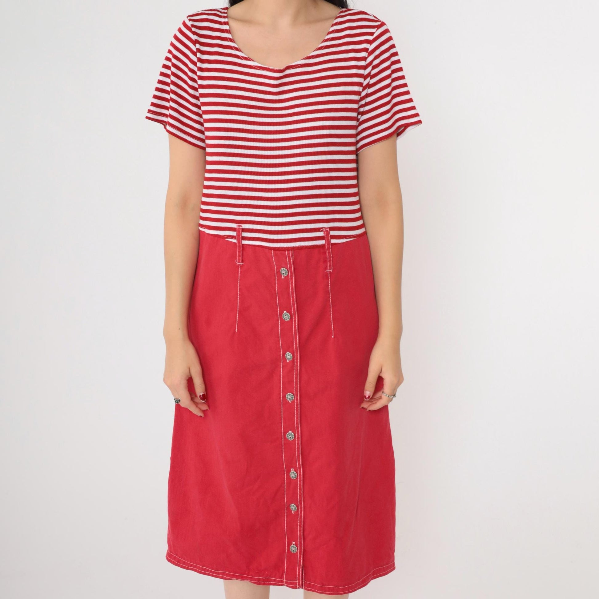 90s Red White Striped Button-Up Midi Dress High Waist Short Sleeve Medium